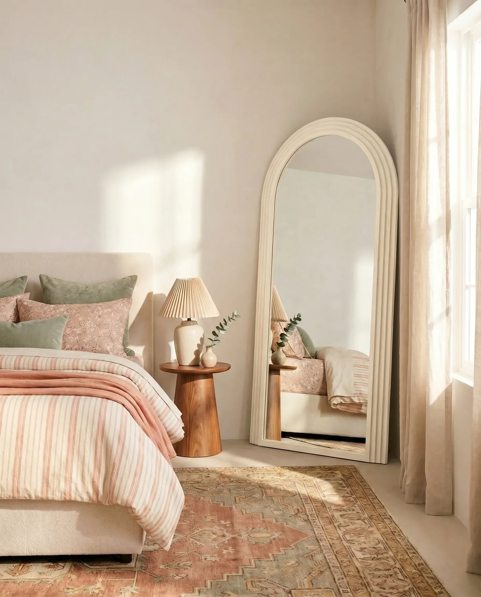 Charlotte beige arched mirror, close-up of the layered frame