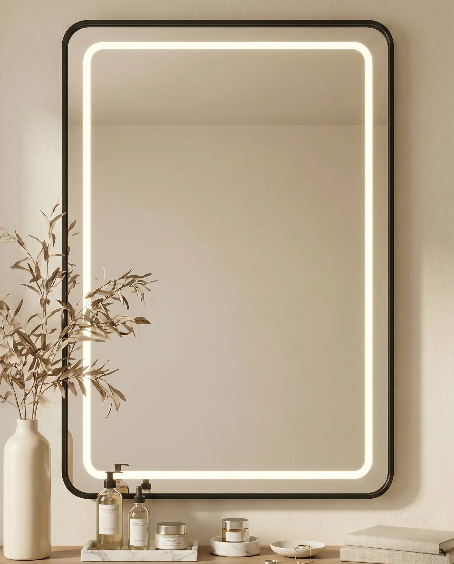 Deluxe black LED rectangular wall mirror in a Dubai bathroom