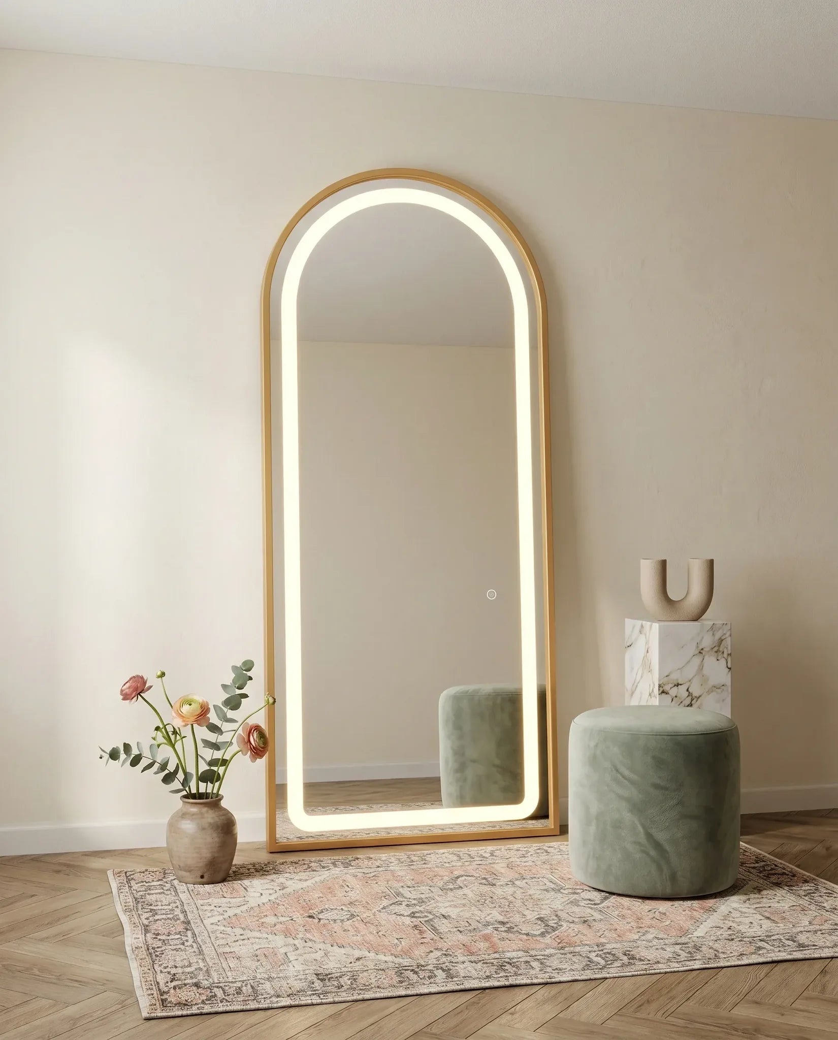 Diana gold LED arched wall mirror in a Dubai bathroom