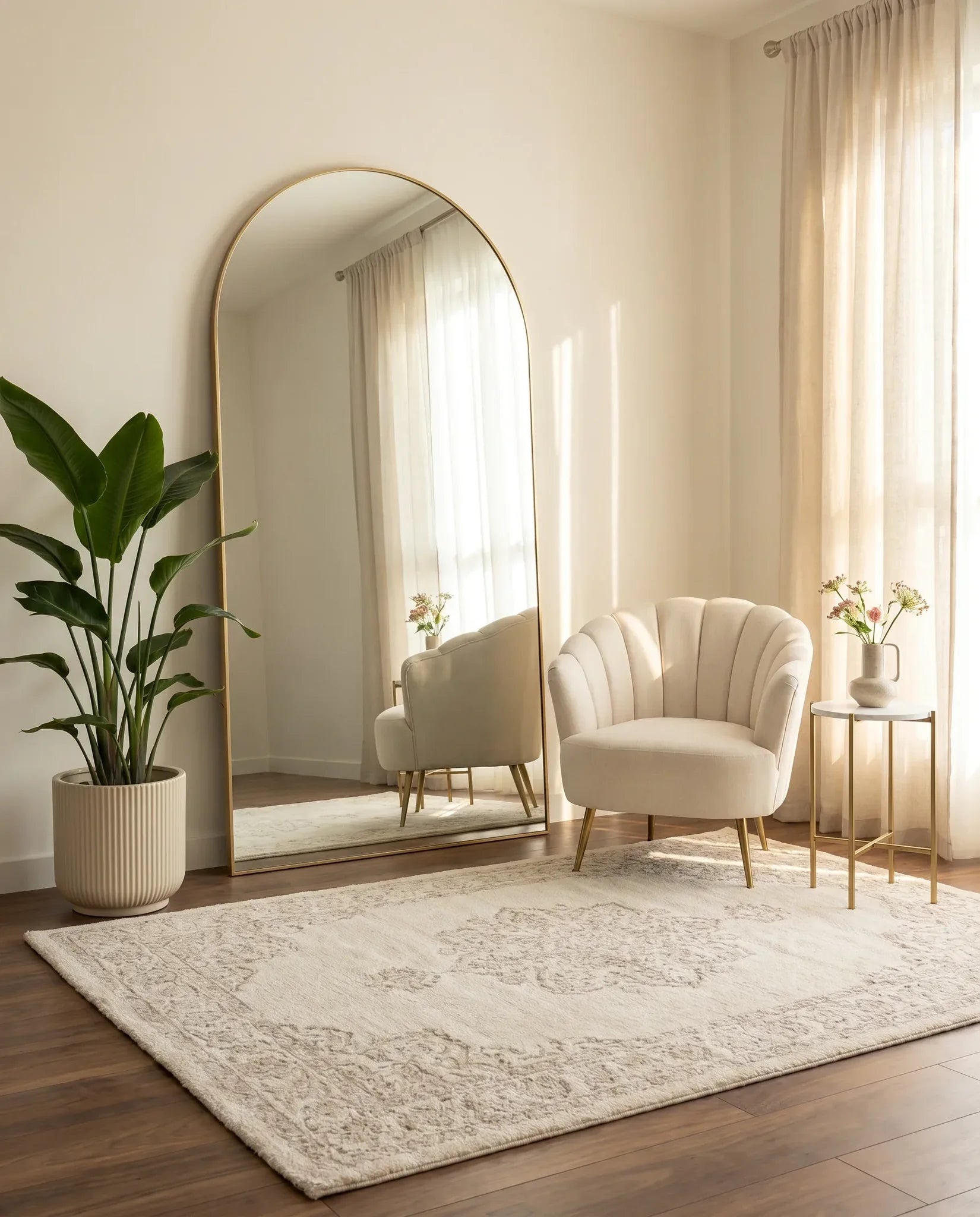 Diana large arched wall mirror with golden frame, full view