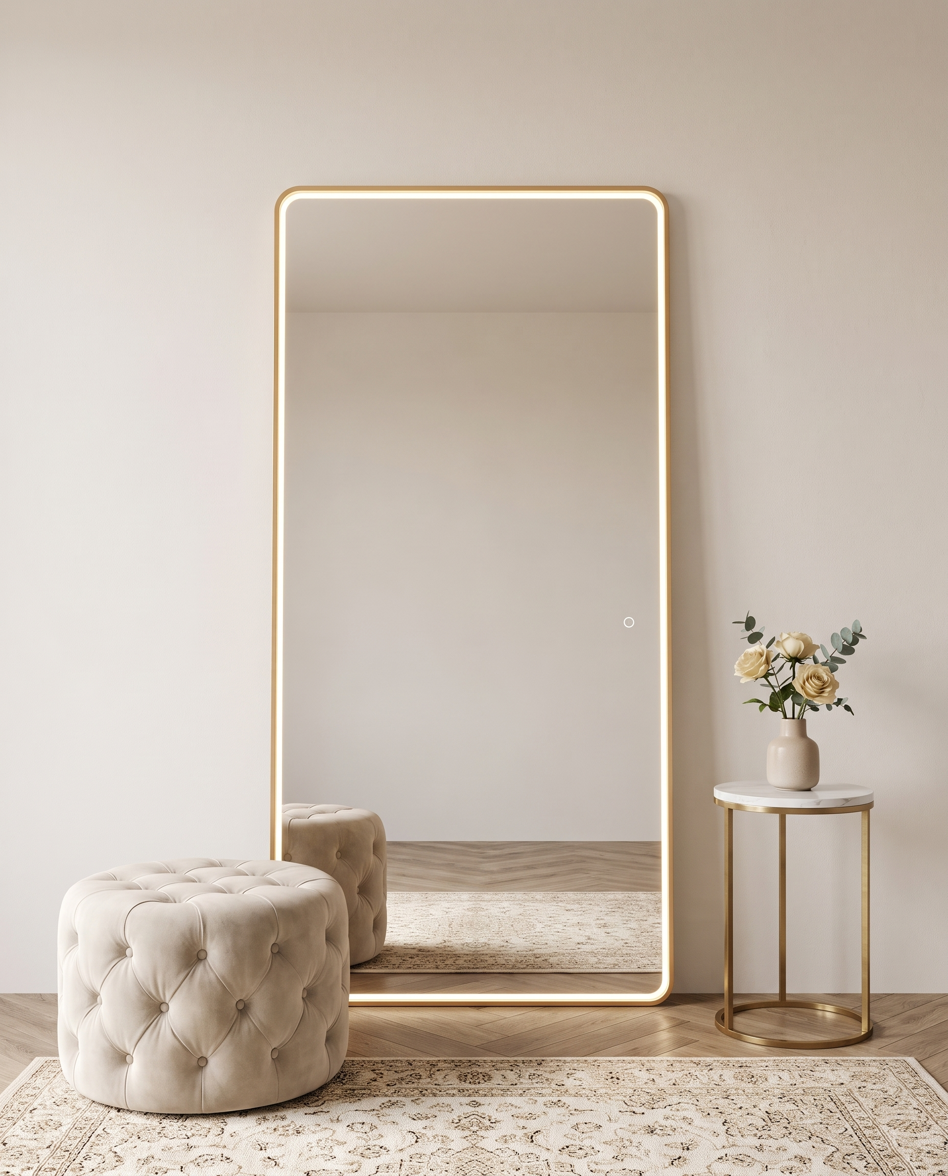 Dominic gold LED rectangular floor mirror in a Dubai bedroom