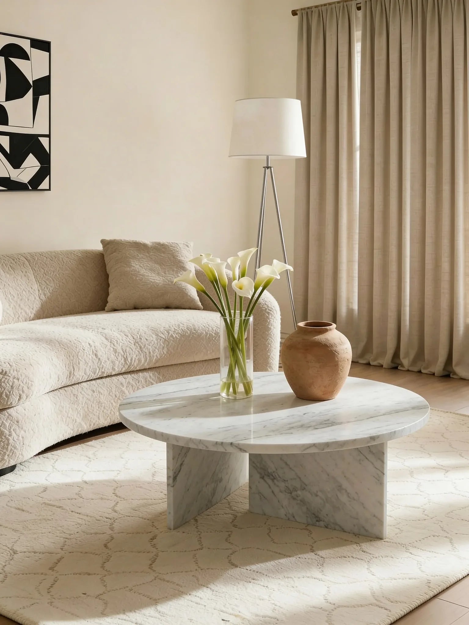 Dove Carrara marble coffee table with geometric base