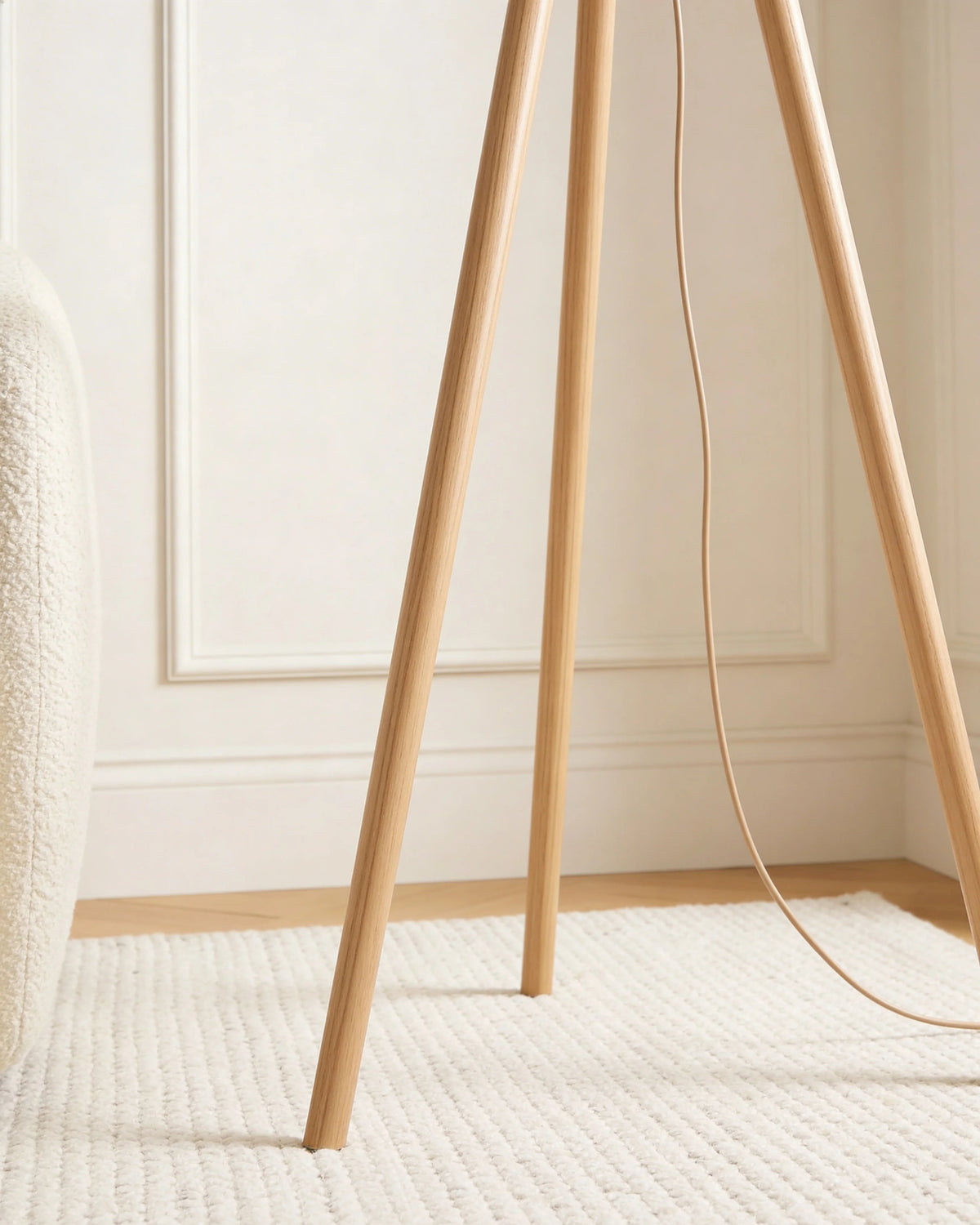 Elania light wood tripod floor lamp, close-up detail