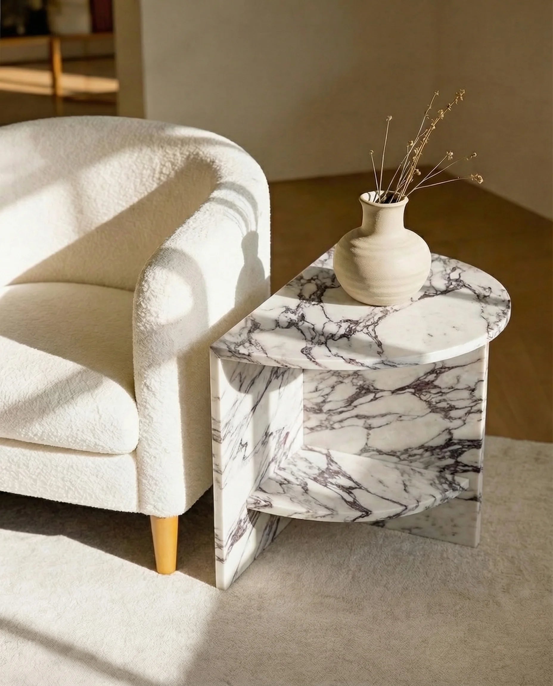 Exquisite Arabescato Marble Side Table with Shelf Half Moon
