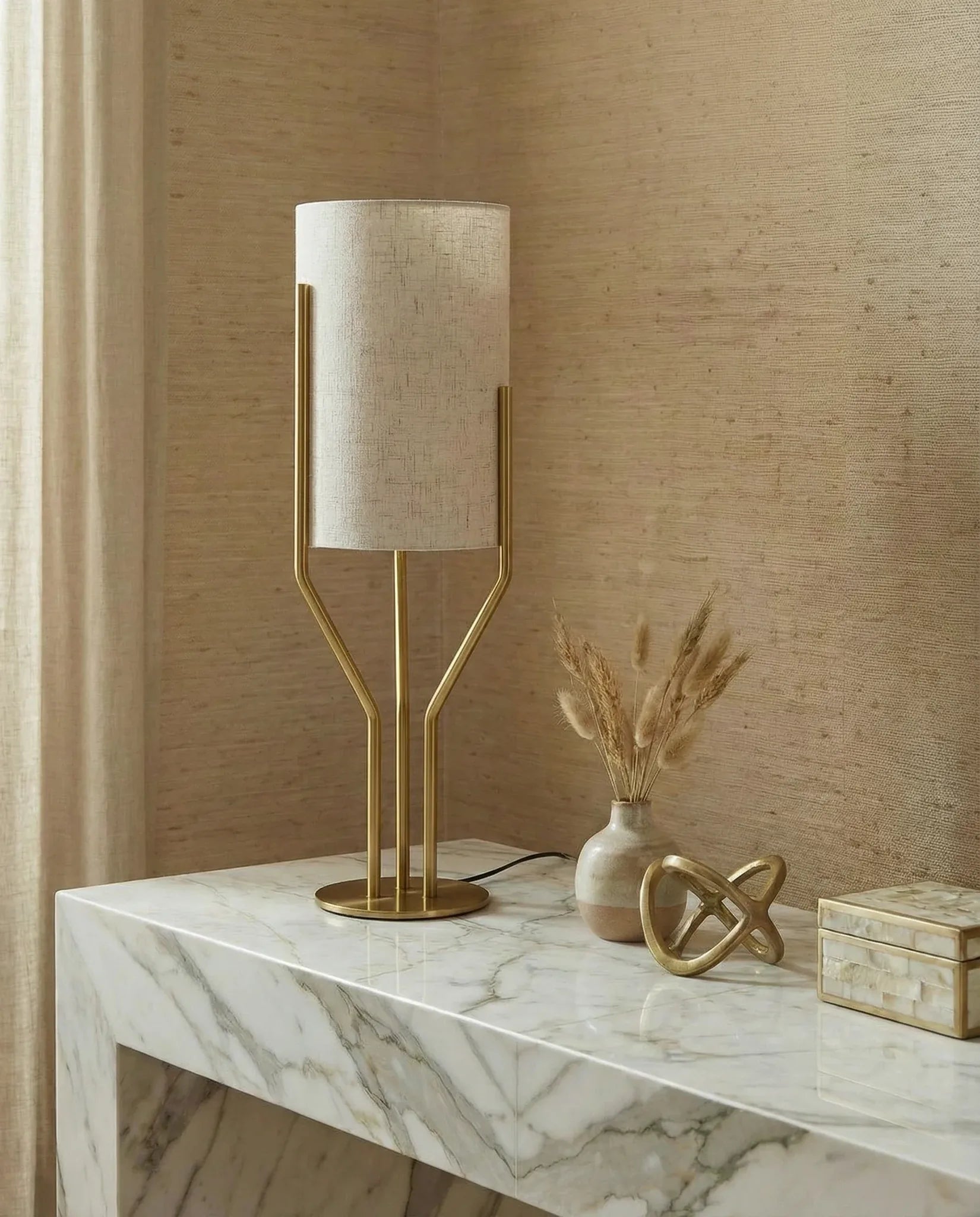 Fabio brass table lamp with off-white fabric shade