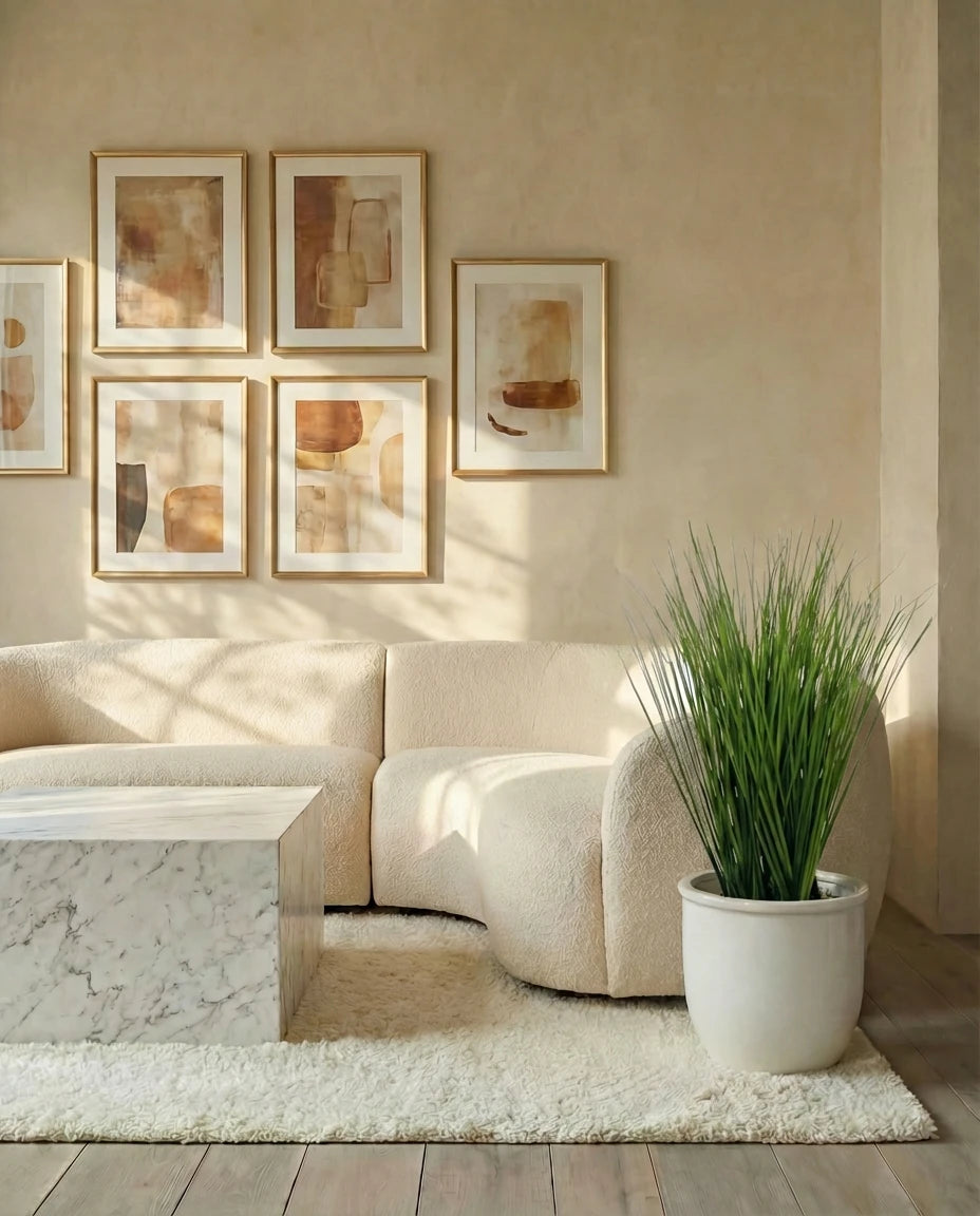 Faux brushed grass plant in a Dubai living room