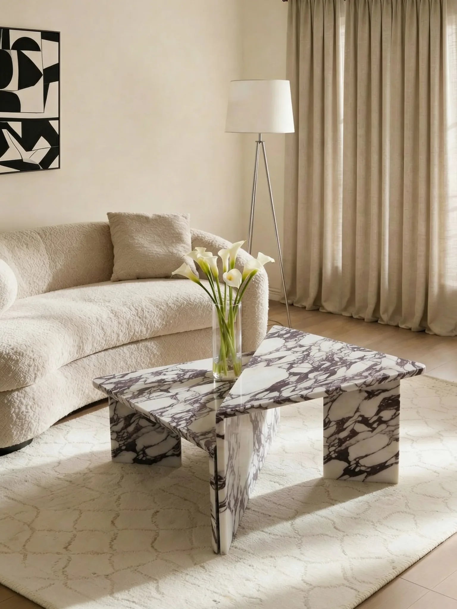Free-form Calacatta Viola marble coffee table