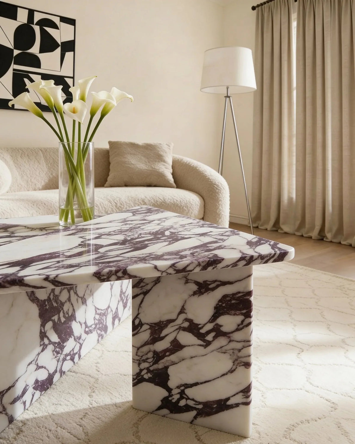 Free-form Calacatta Viola table, close-up of the purple veining