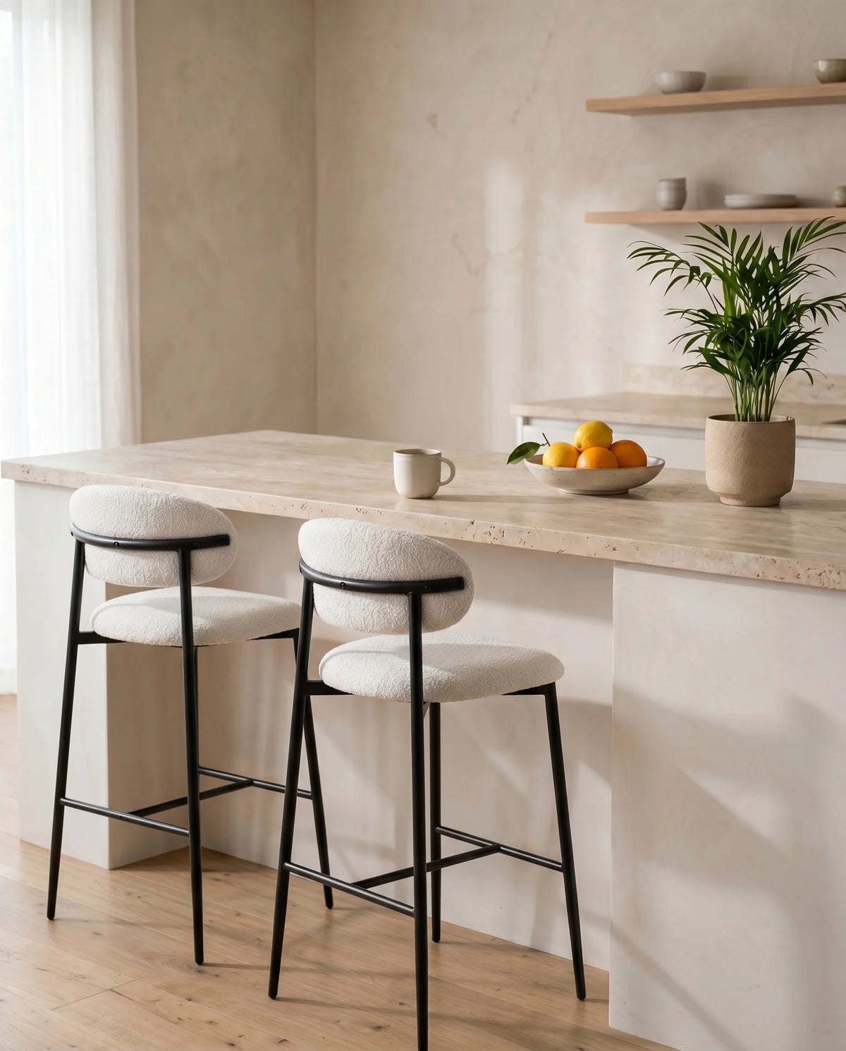 Halo soft white bouclé bar stool, full view