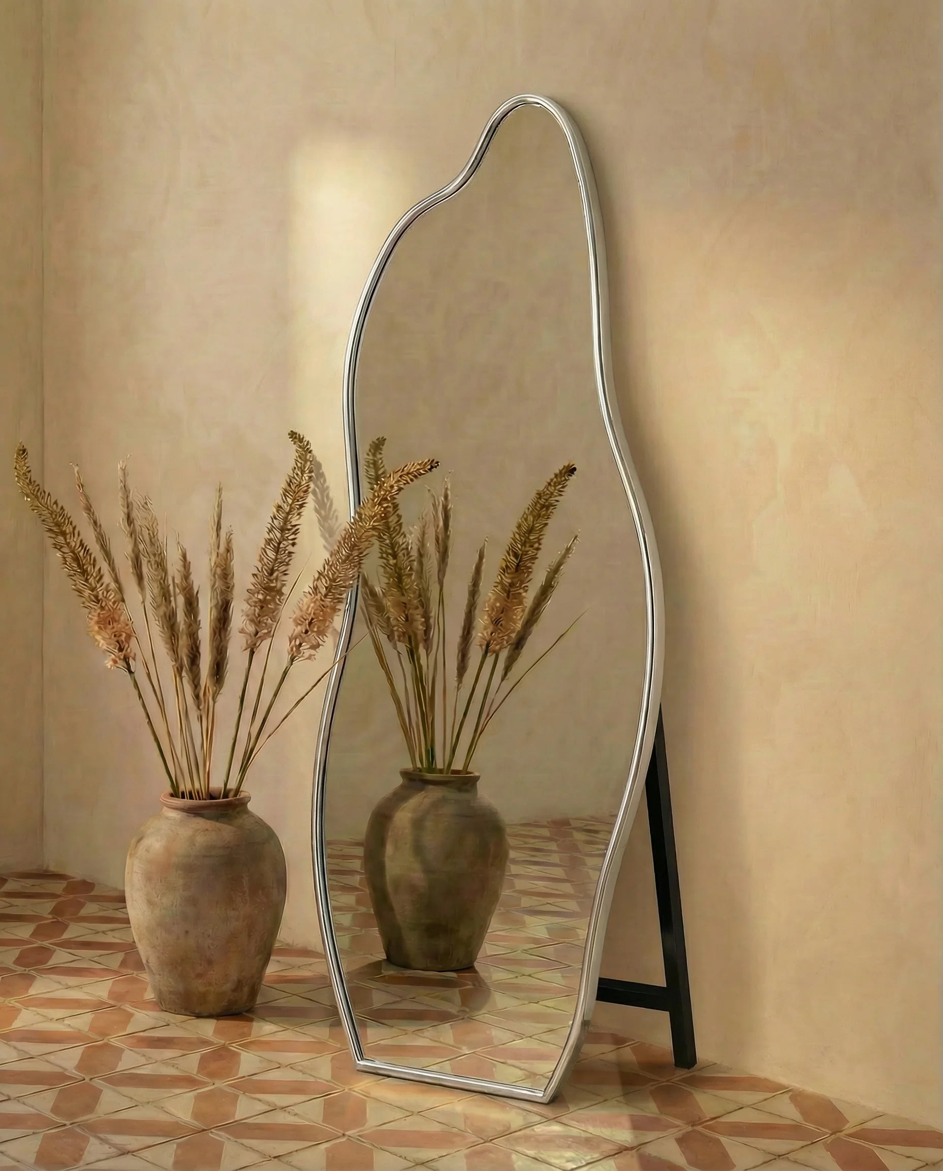 Helena Curvy Silver Framed Mirror with Stand