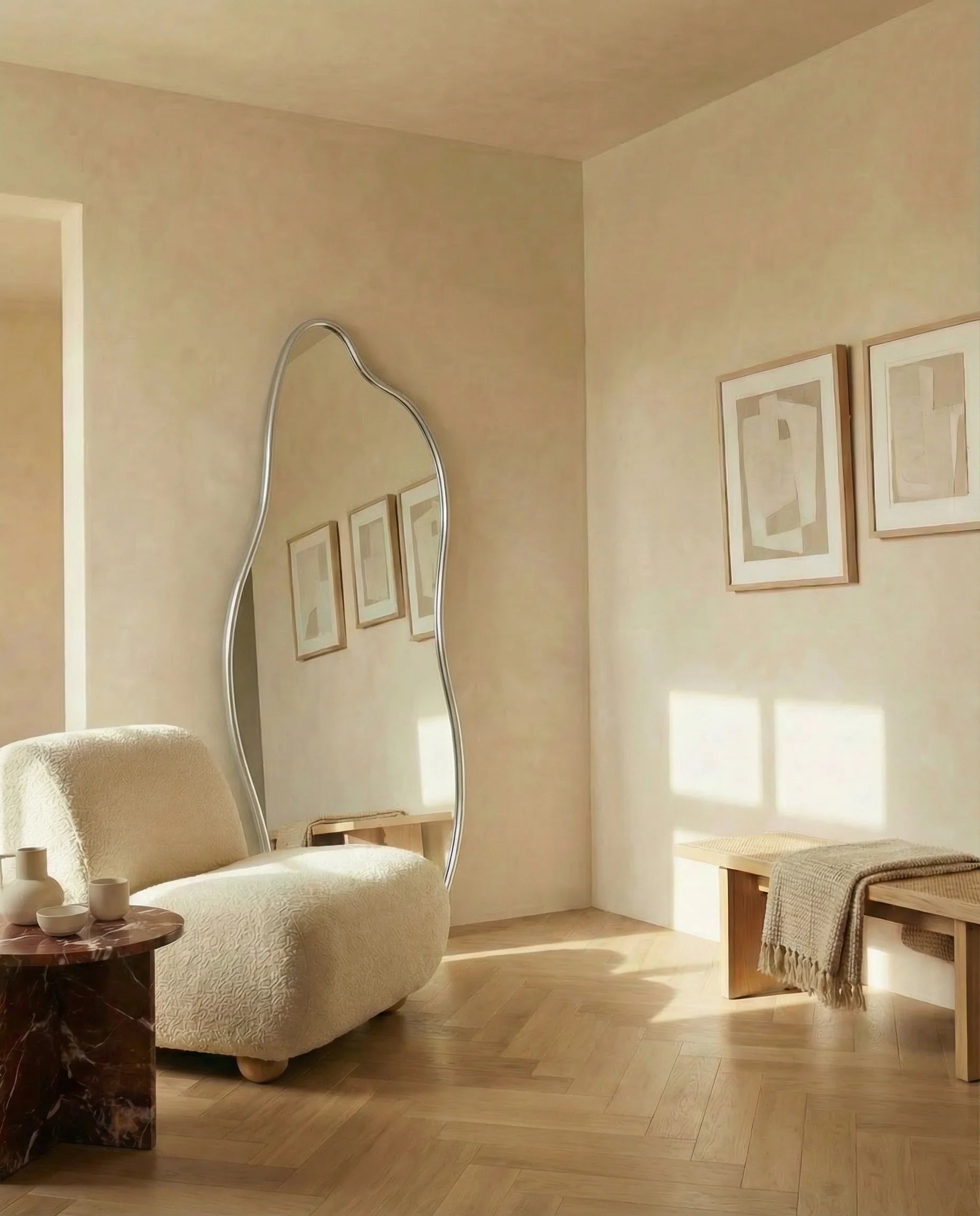 Helena Curvy Silver Framed Mirror with Stand