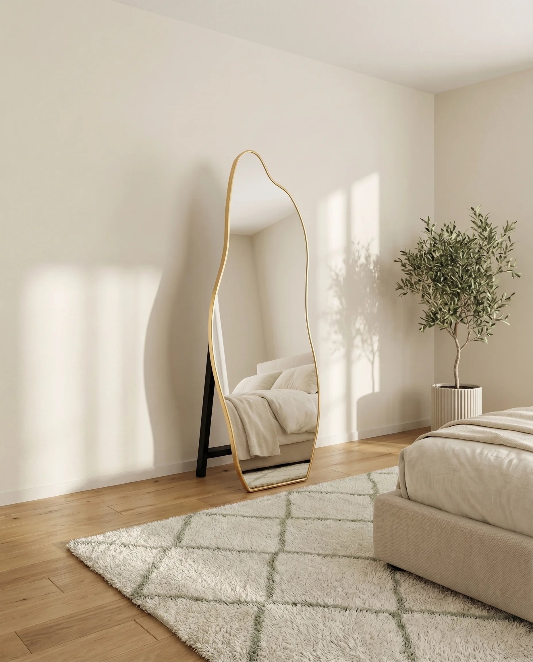 Helena curvy gold framed mirror with stand on a Dubai vanity