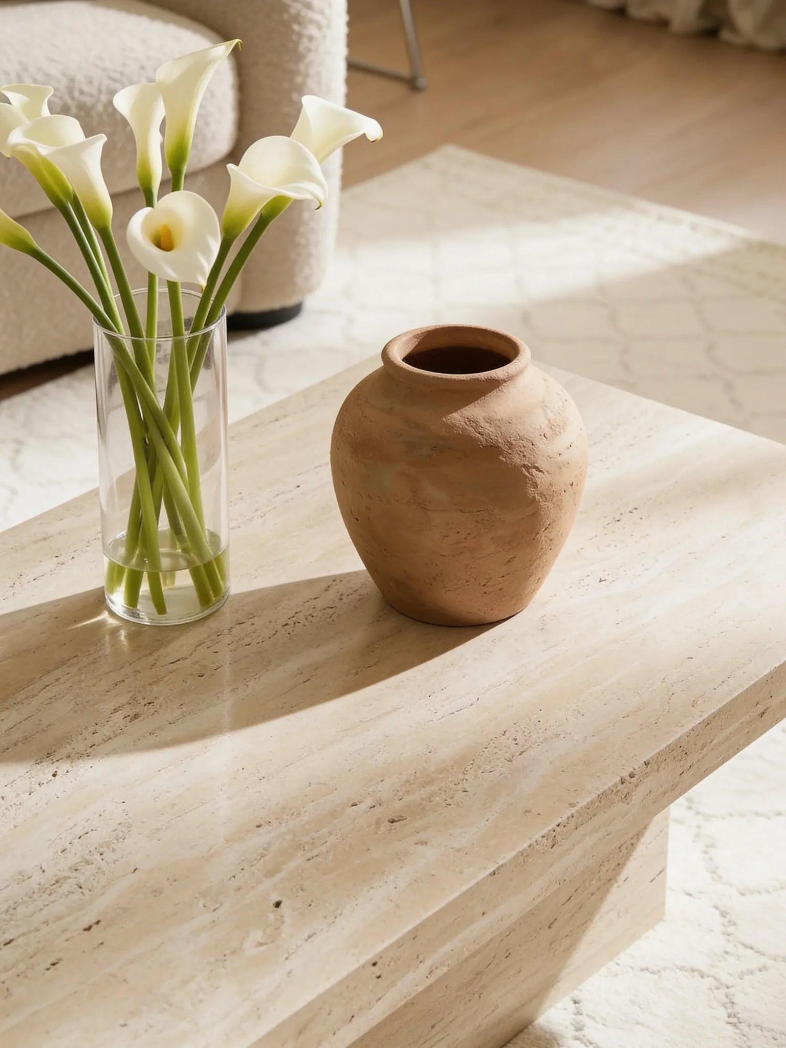 Italian travertine coffee table, close-up of the honed beige stone