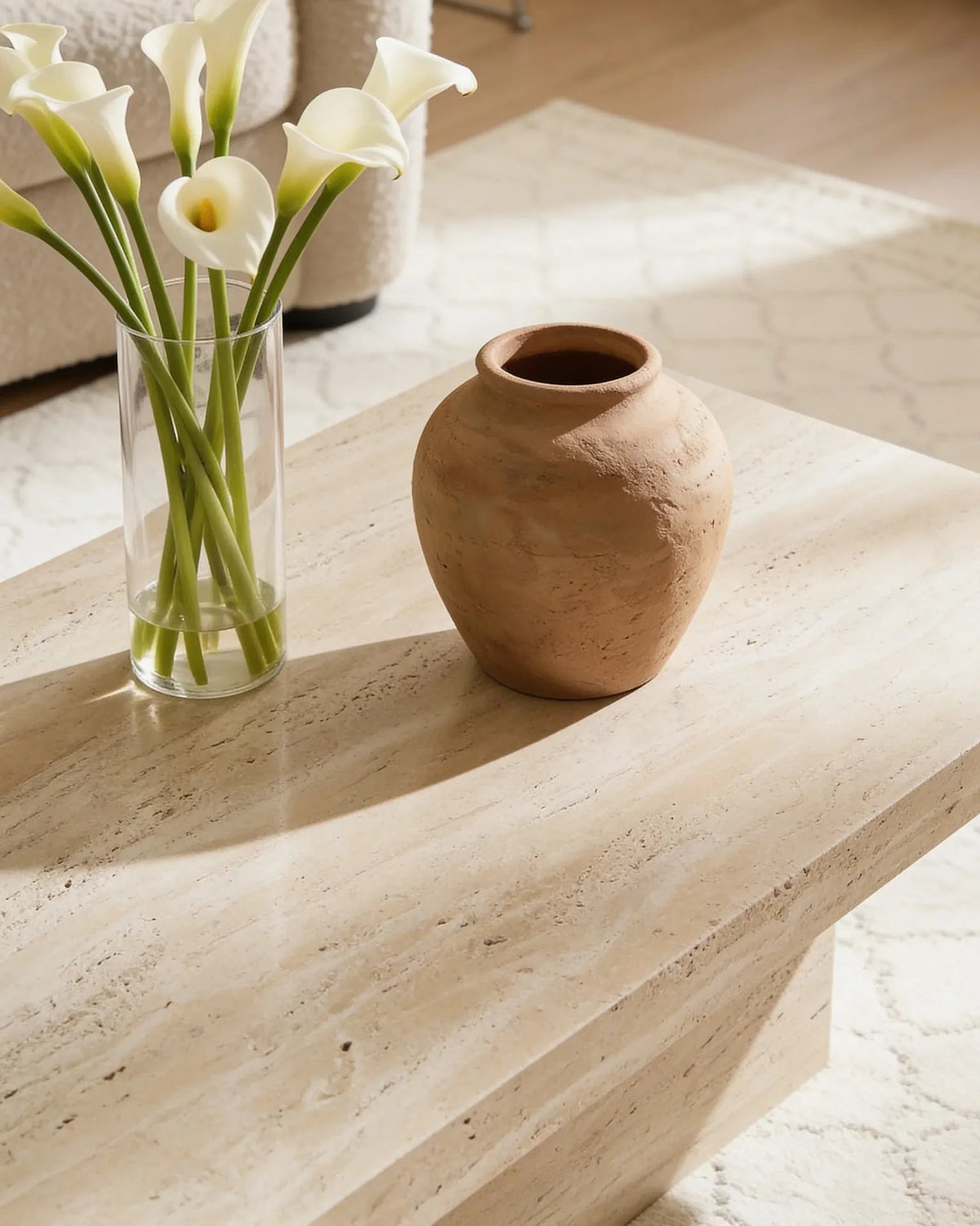 Italian travertine coffee table, close-up of the honed beige stone