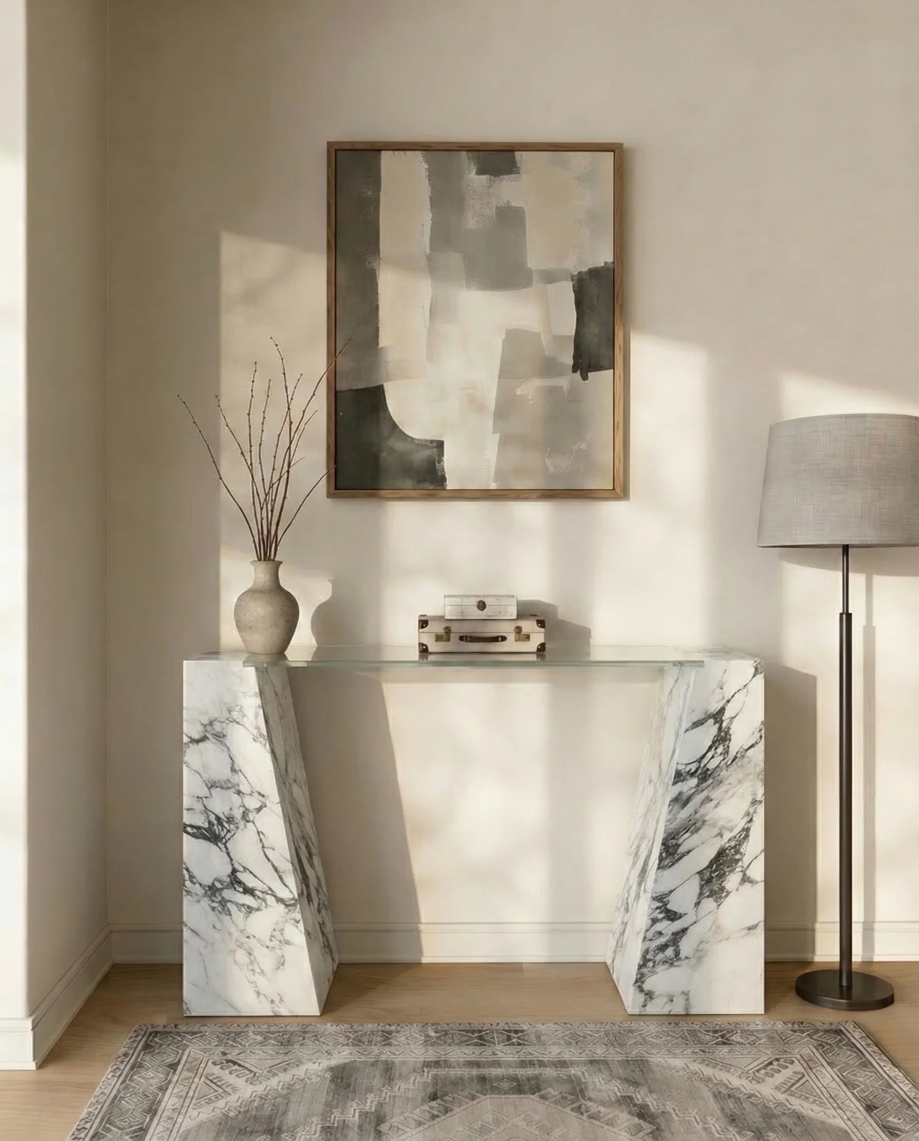 Julian Arabescato Marble Console Table with Glass Top