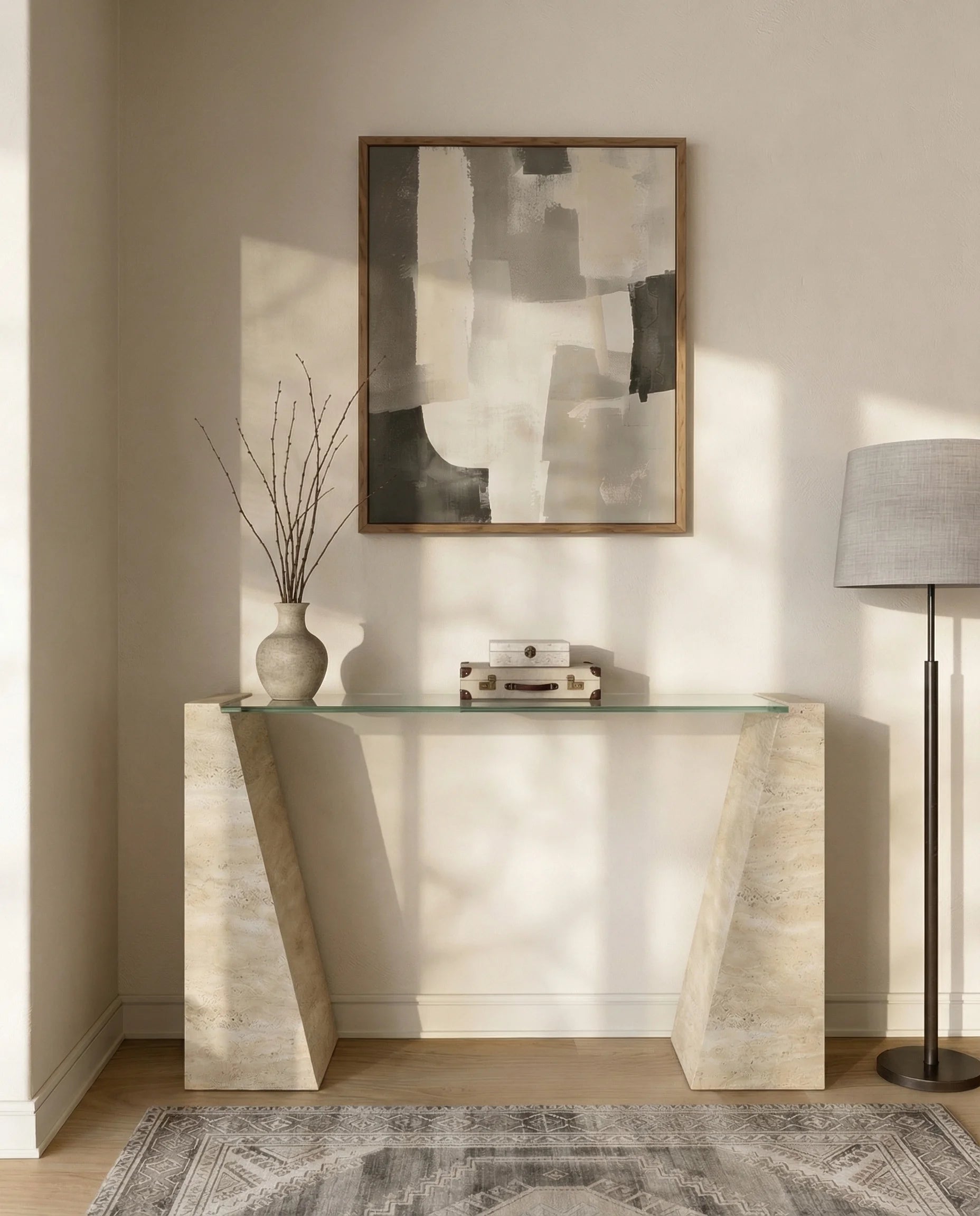 Julian Travertine Console Table with Glass Top
