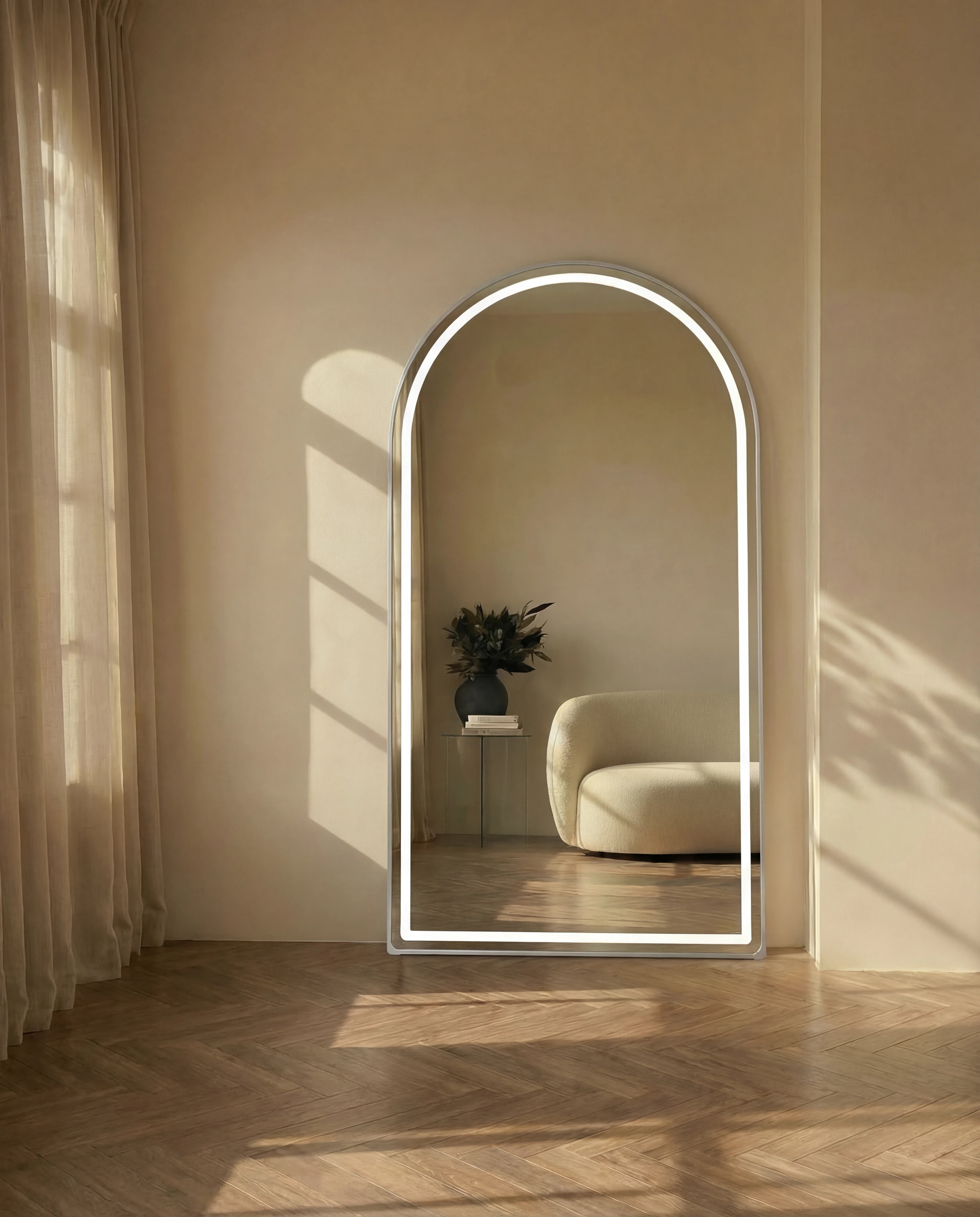 Juliette Tall Silver Framed Arch Wall Mirror with LED