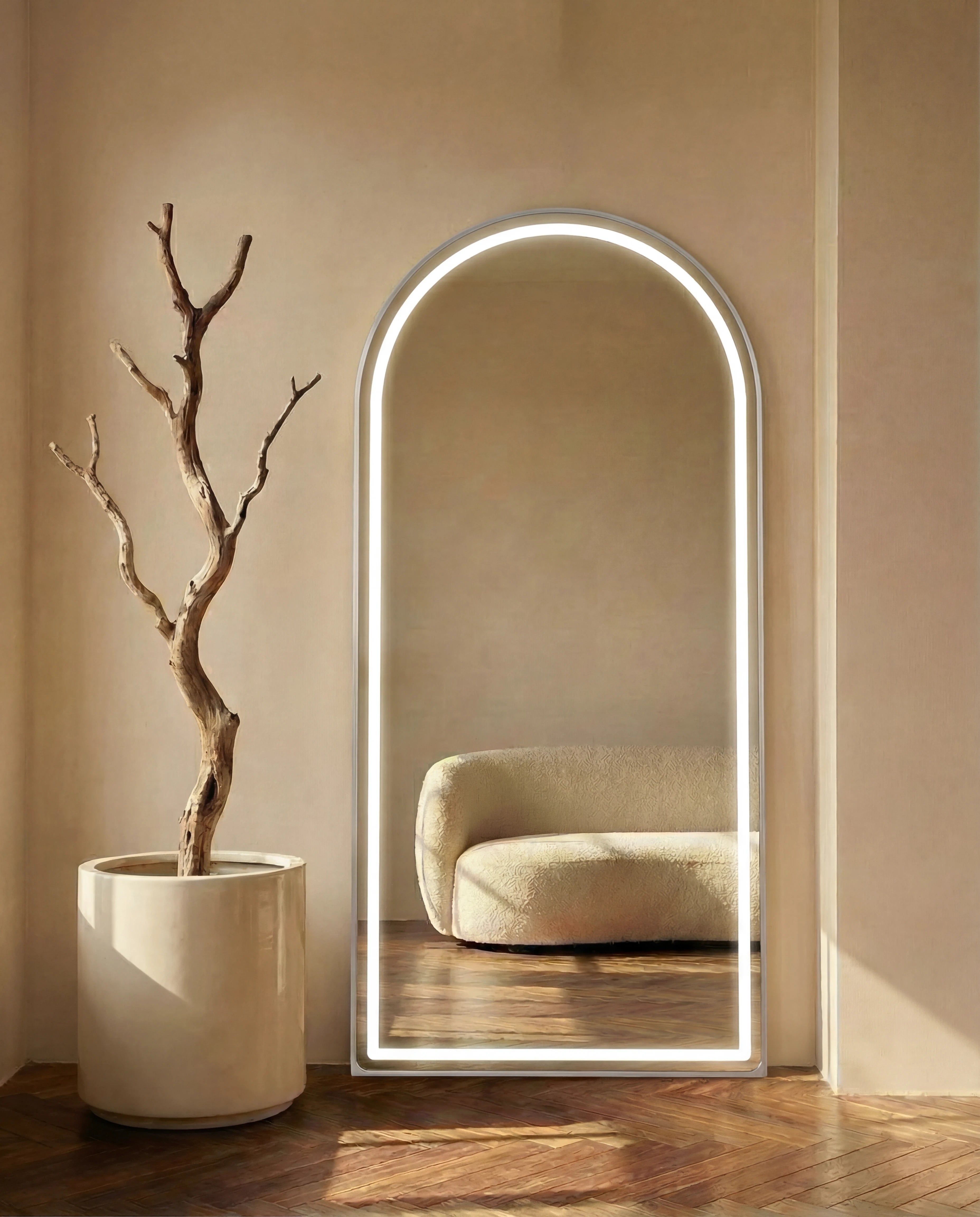 Juliette Tall Silver Framed Arch Wall Mirror with LED