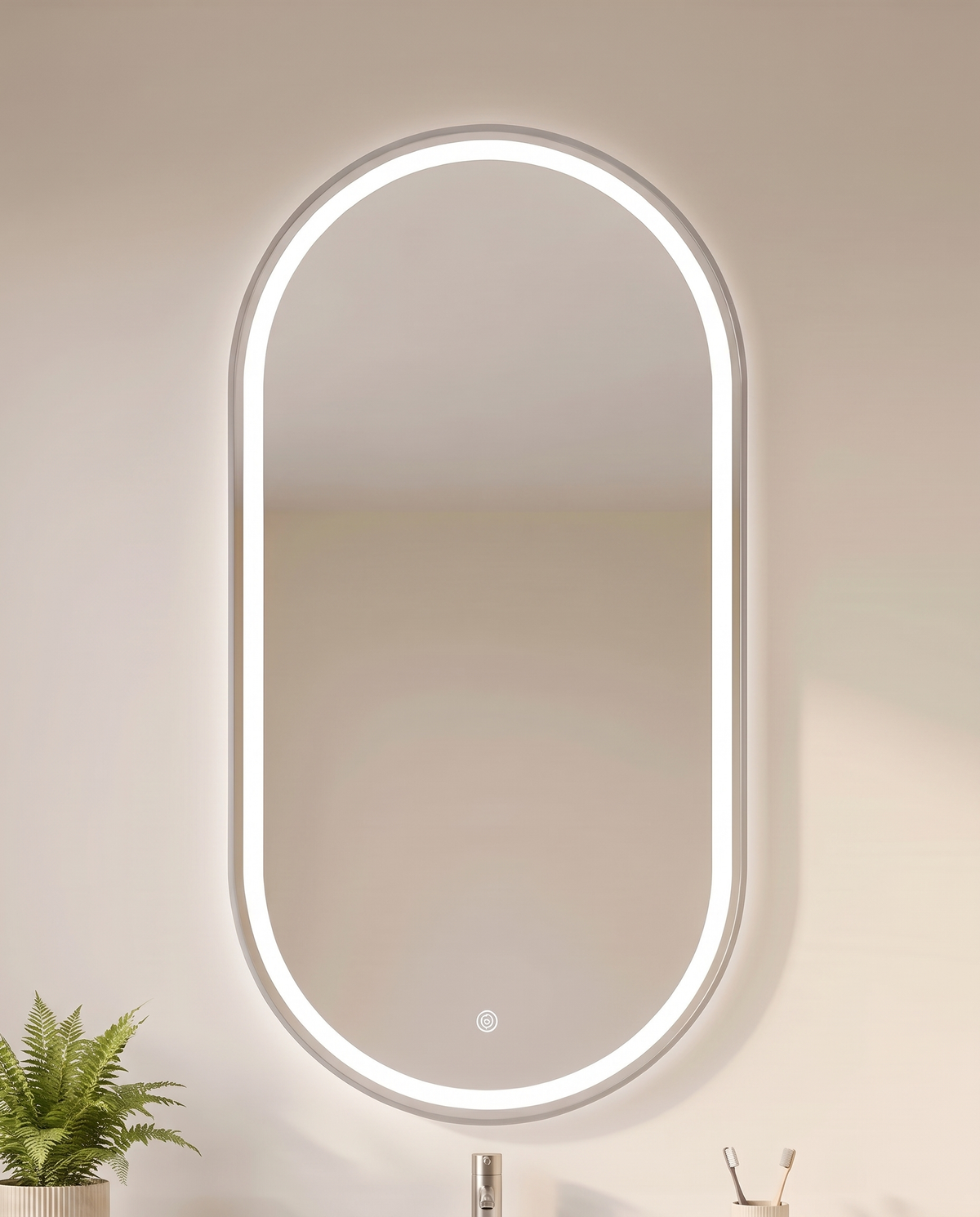 Kira silver framed LED capsule bathroom mirror