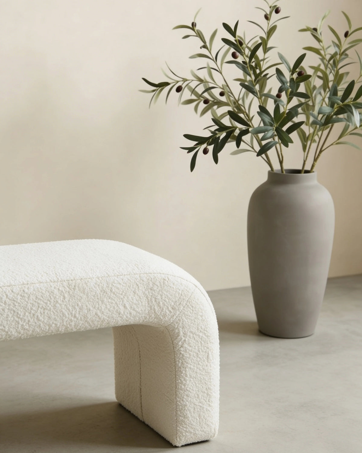 Bouclé ottoman bench, close-up of the texture