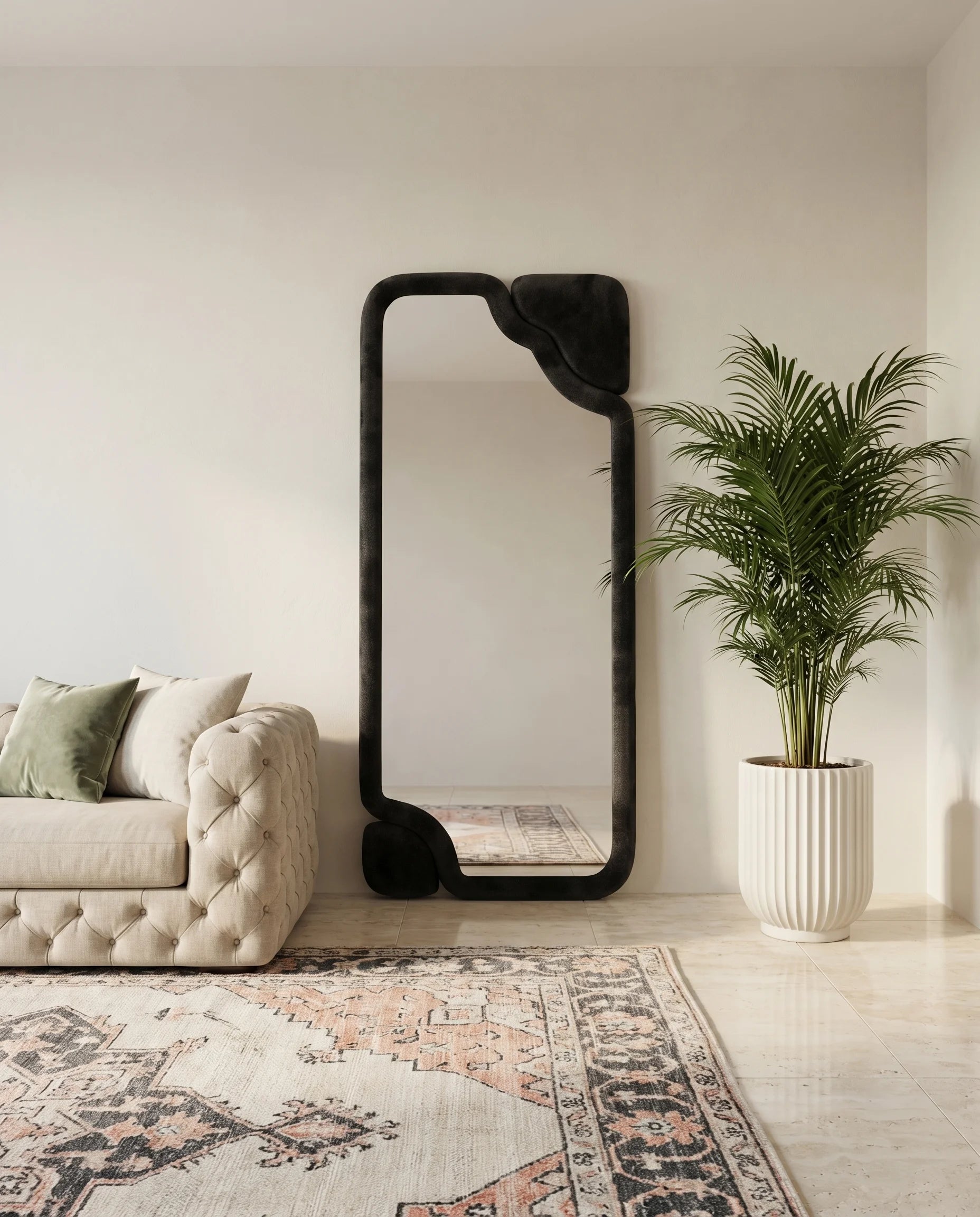 Leyla black full-length fabric wall mirror in a Dubai bedroom