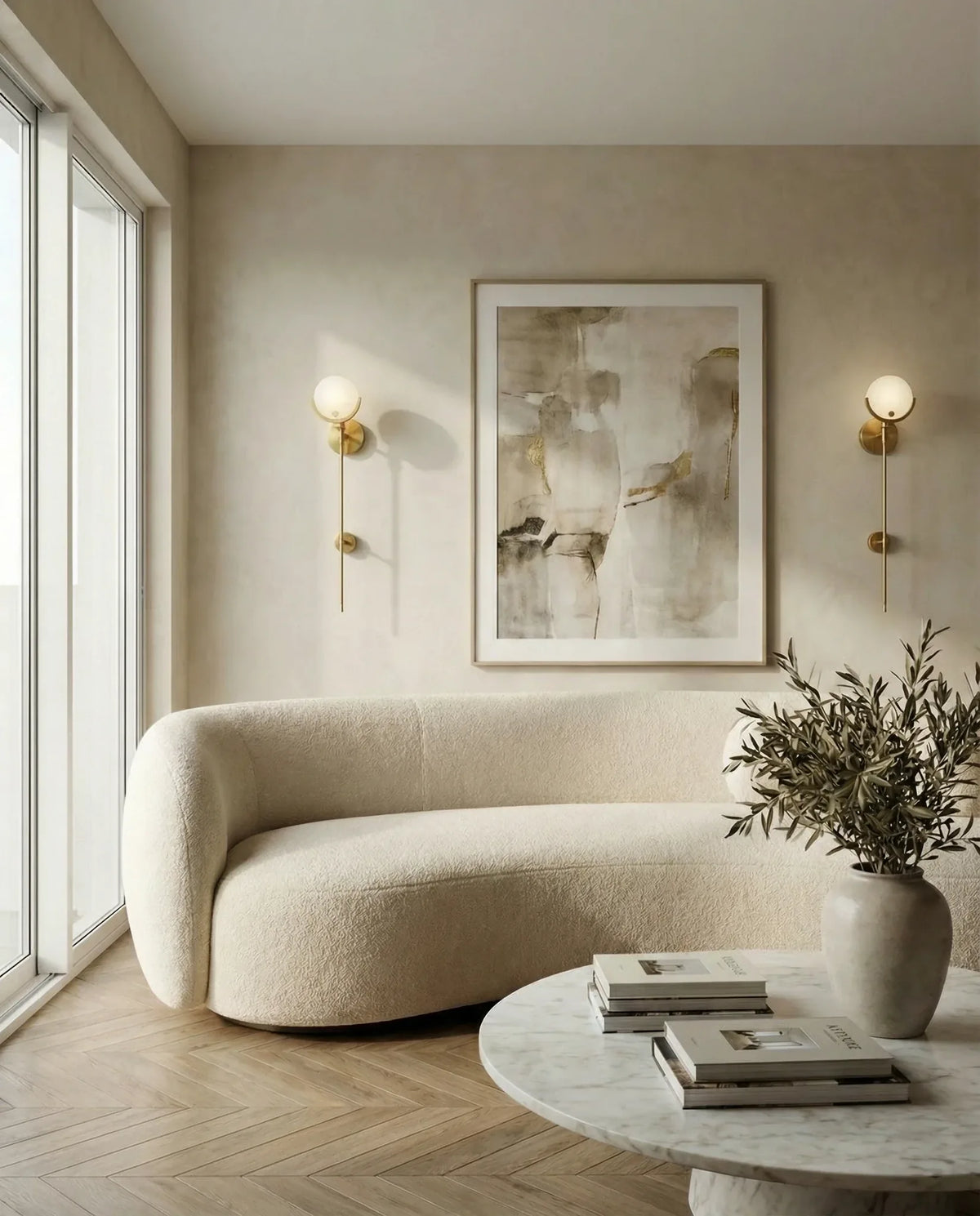 Marble and brass wall sconce on a Dubai living-room wall