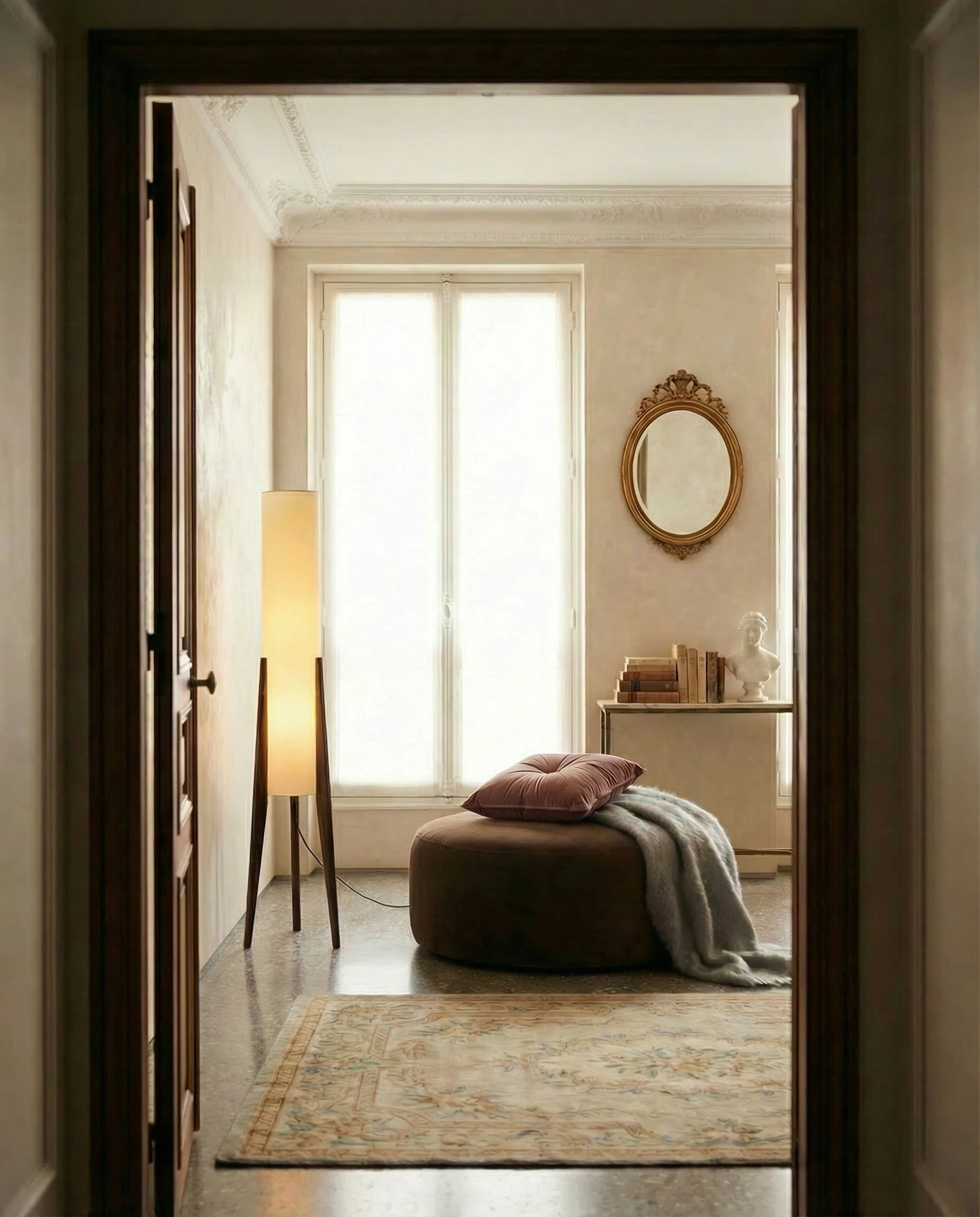 Liora Walnut Cylindrical Tripod Floor Lamp