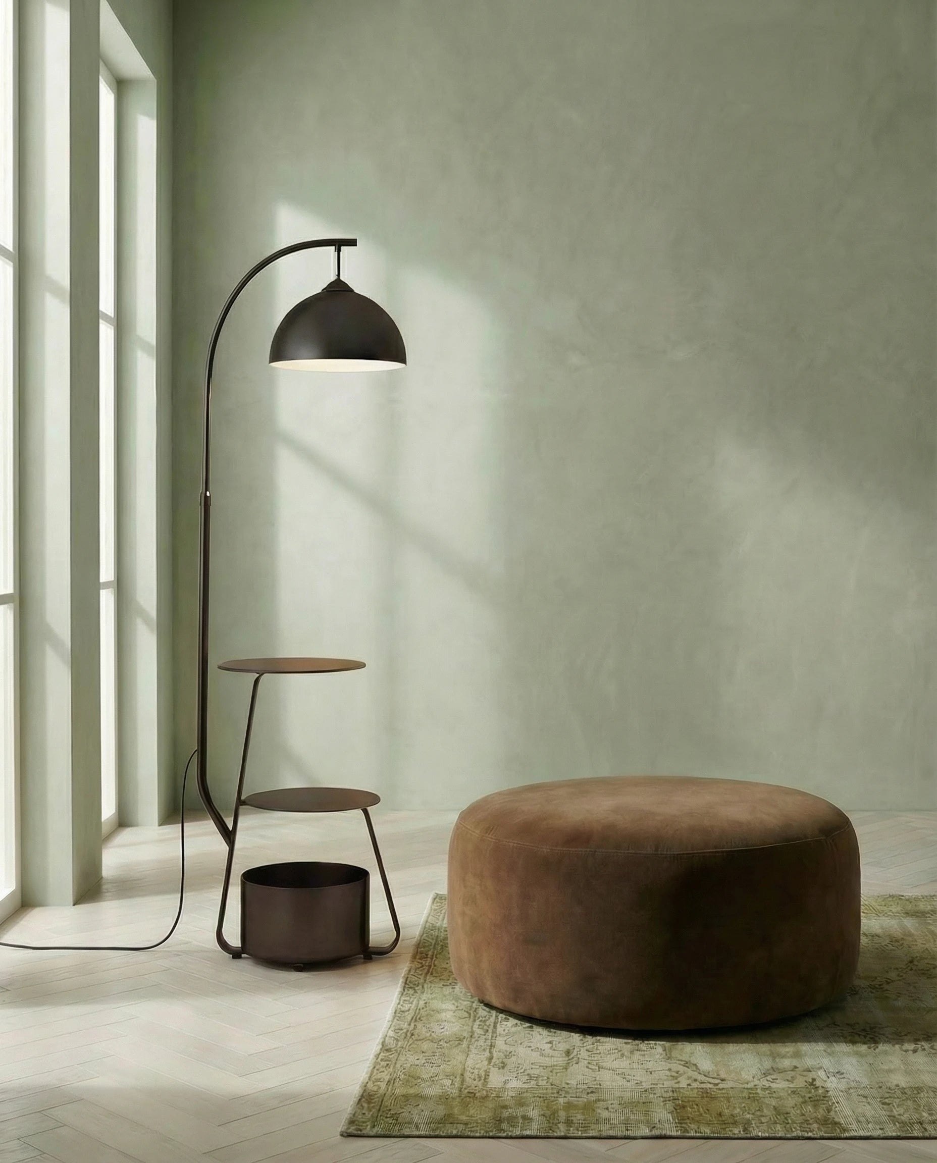 Lovcen Black Arched Floor Lamp with Tables & Shelve