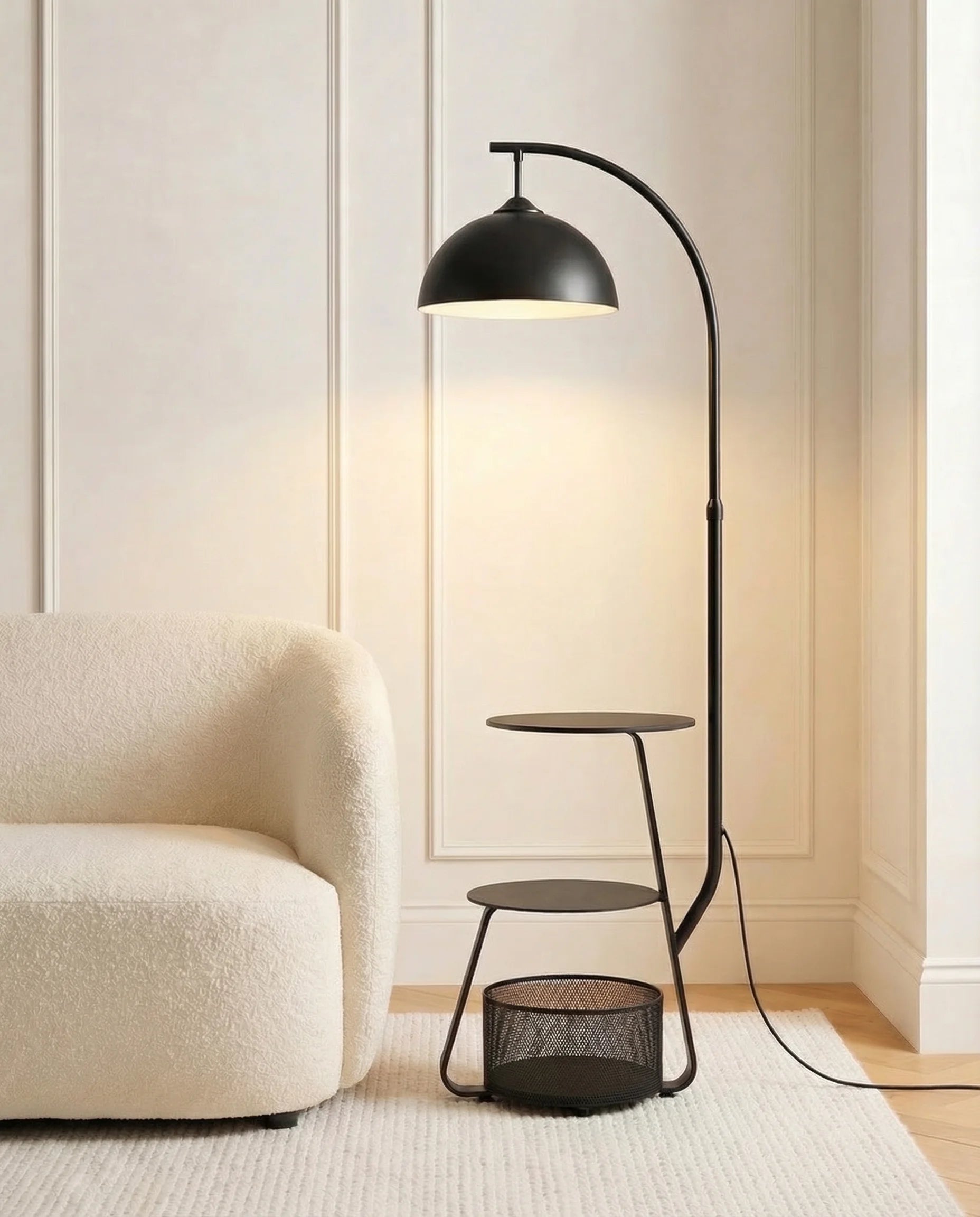 Lovcen Black Arched Floor Lamp with Tables & Shelve