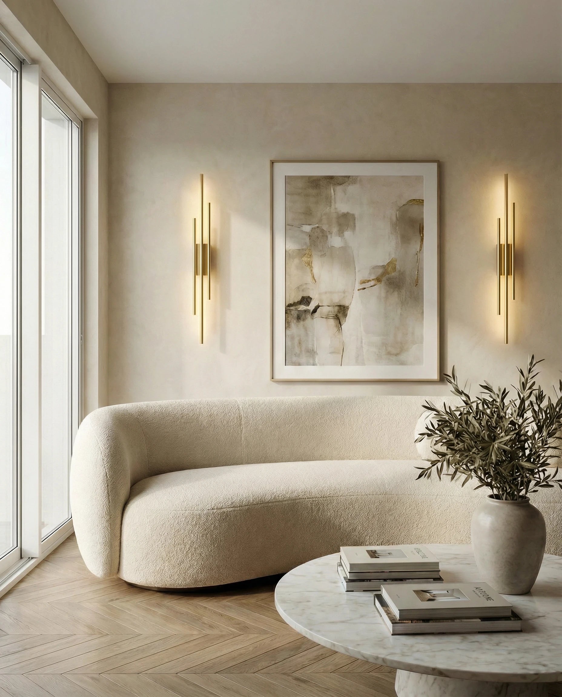 Crystal wall sconce on a Dubai living-room wall