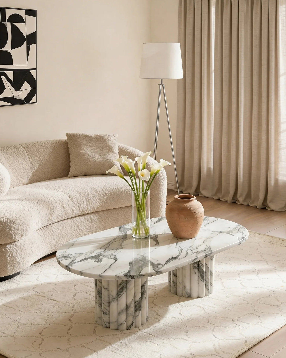 Arabescato marble coffee table with fluted design