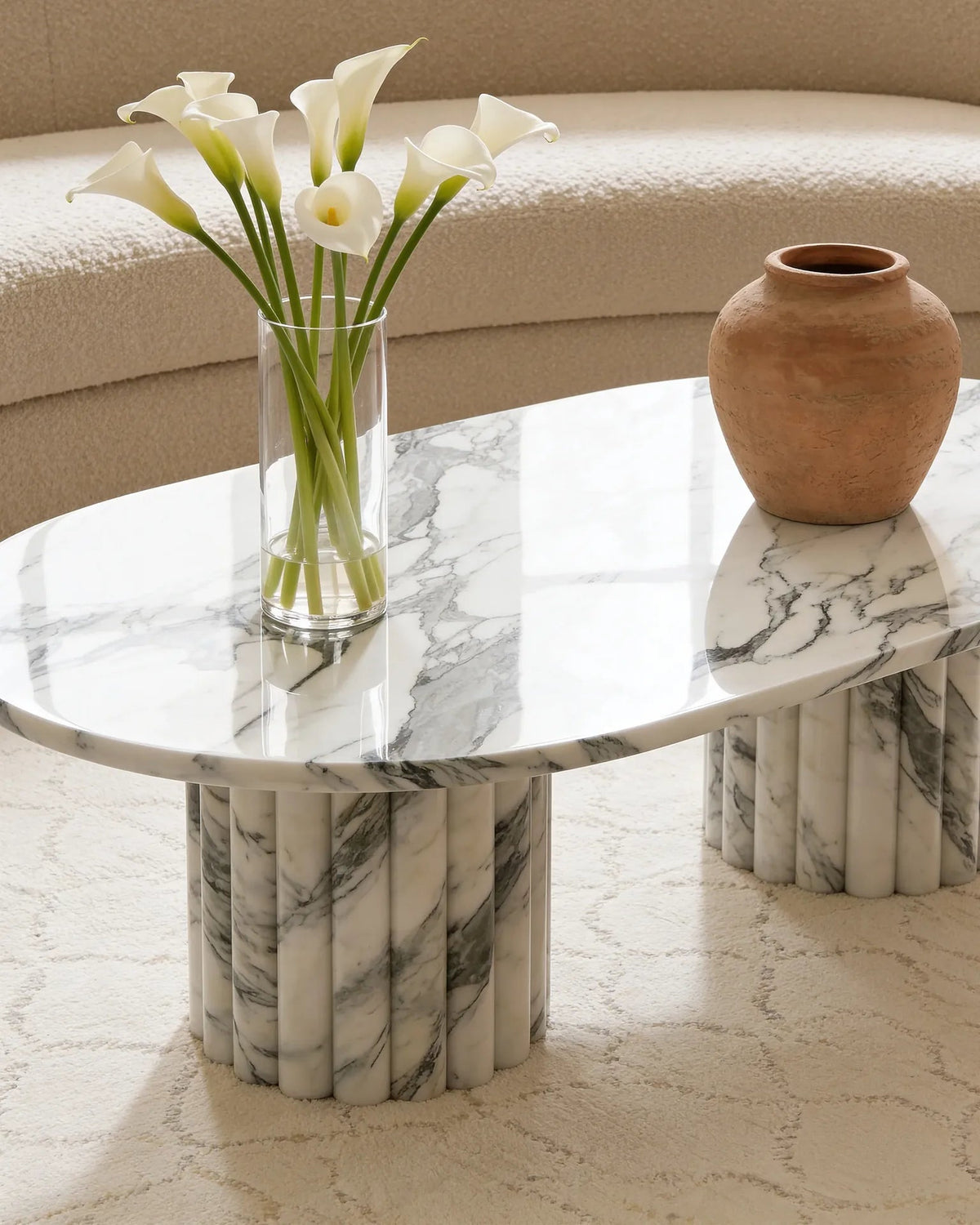 Arabescato marble coffee table, close-up of the grey veining