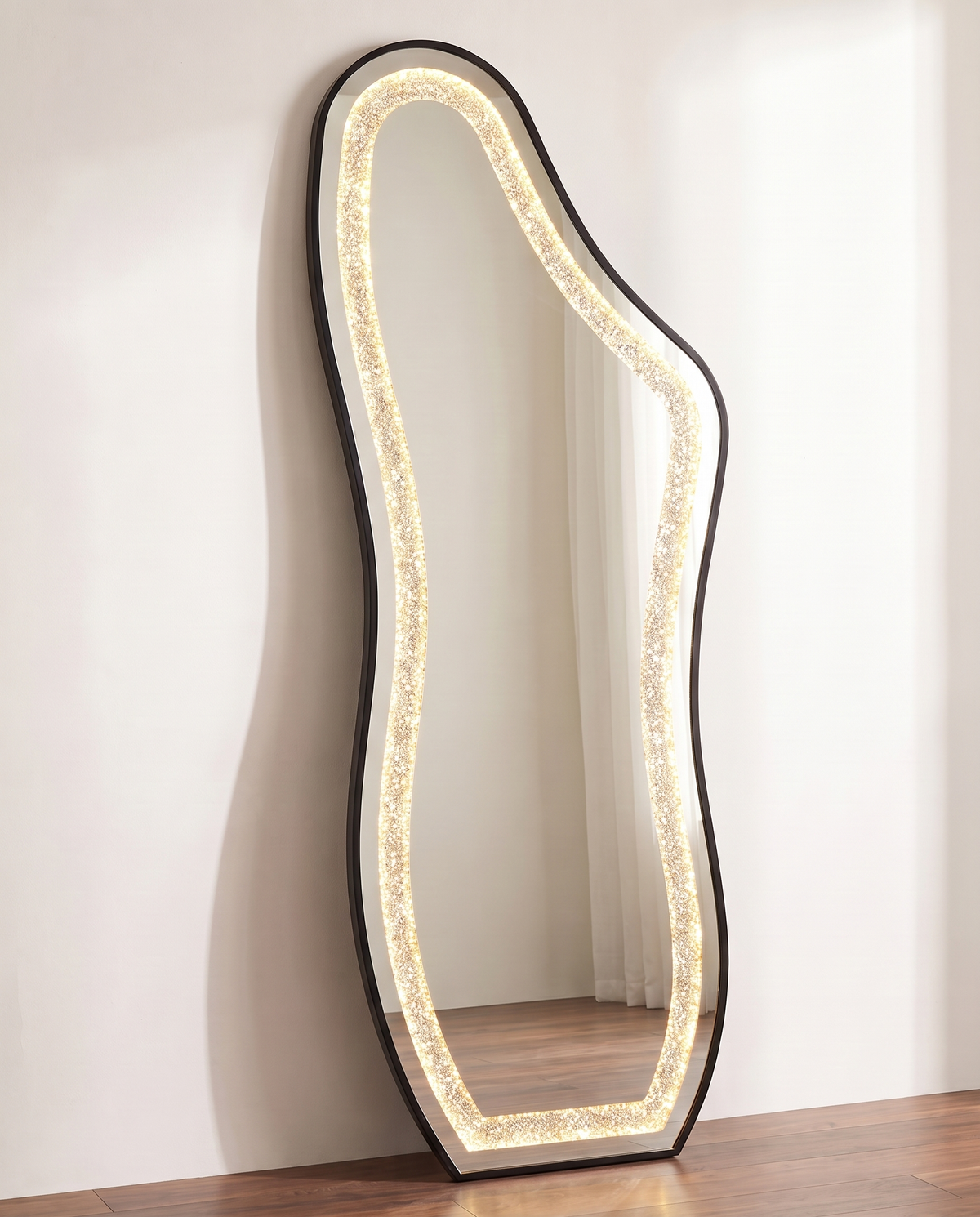 Almas black crystal LED irregular floor mirror close-up of crystal border