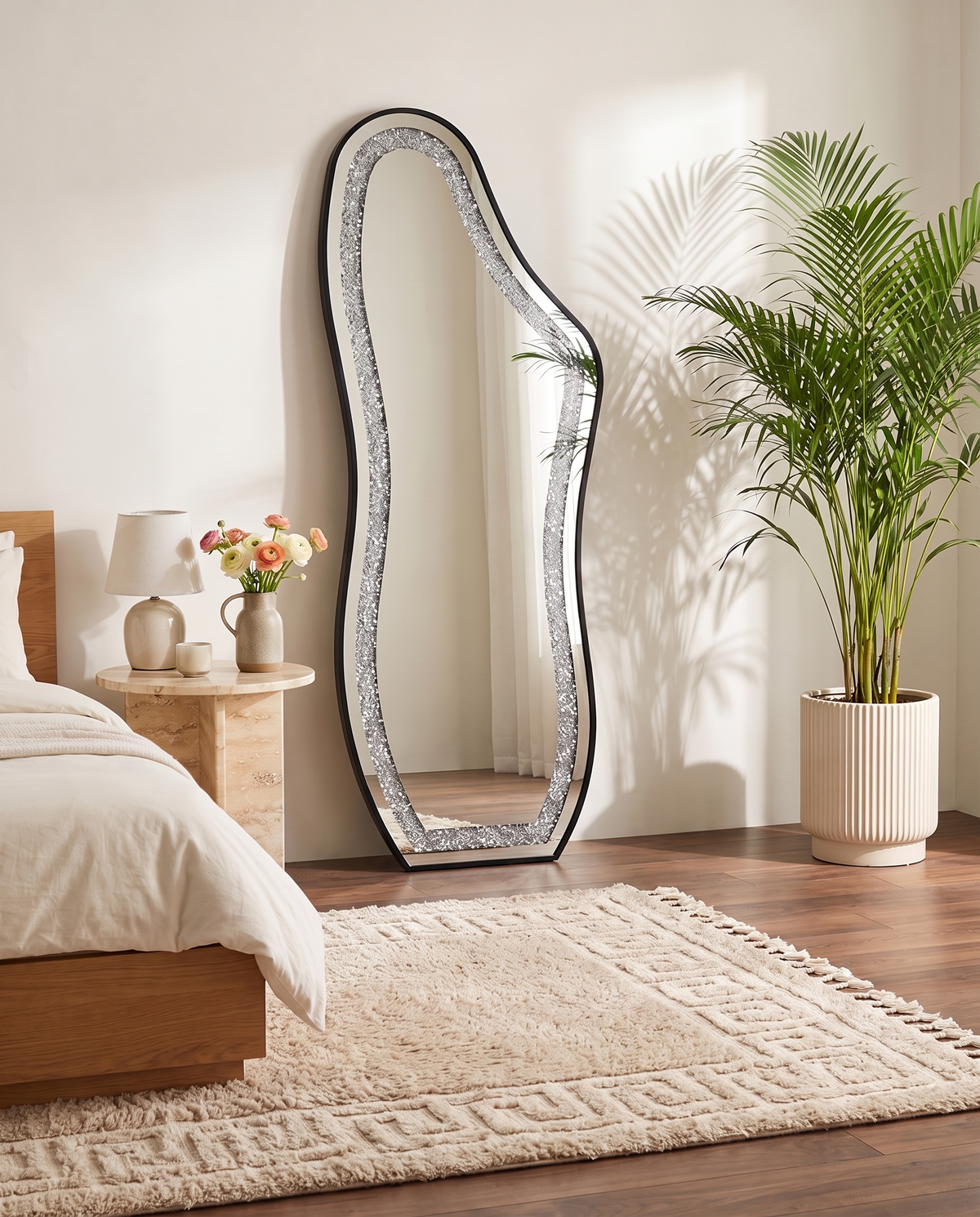 Almas Black Frame LED Irregular Mirror in a Dubai bedroom setting