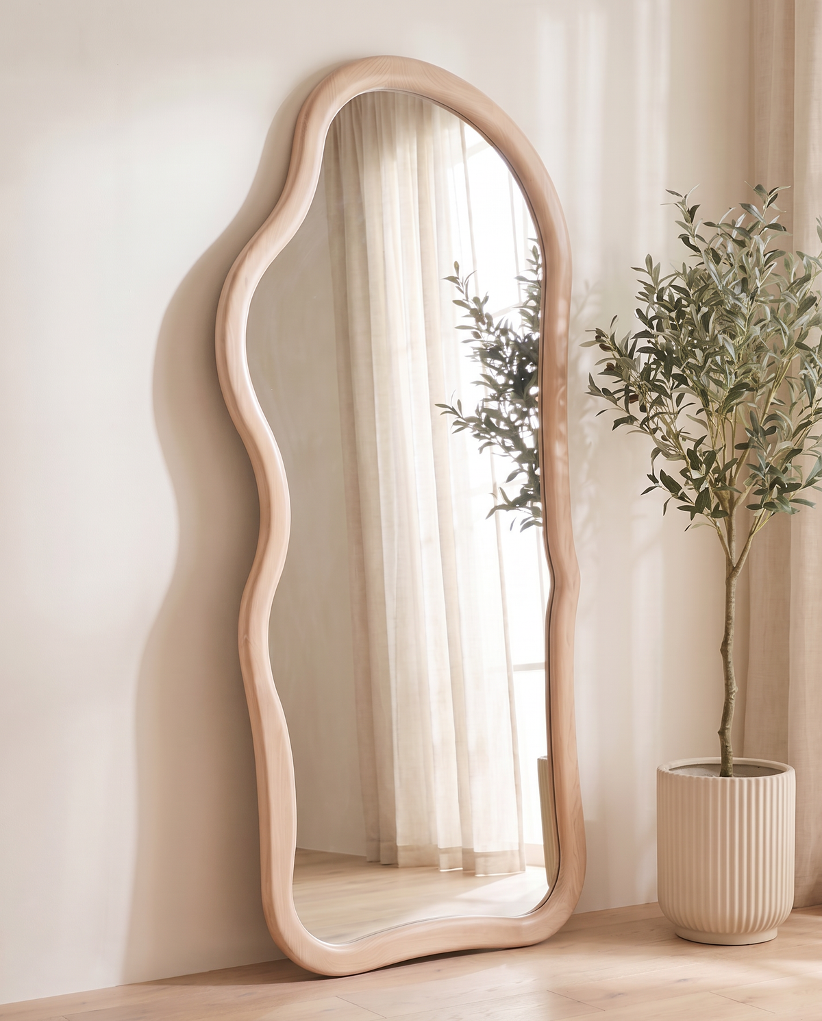 Dune Beige Wavy Wood Floor Mirror