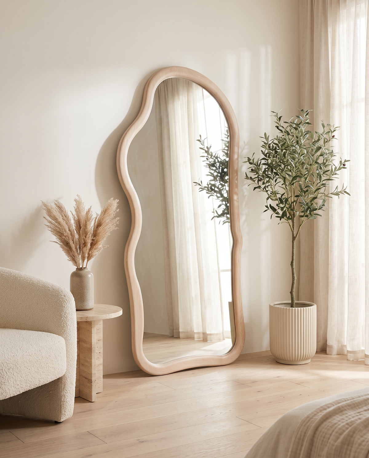 Dune Beige Wavy Wood Floor Mirror