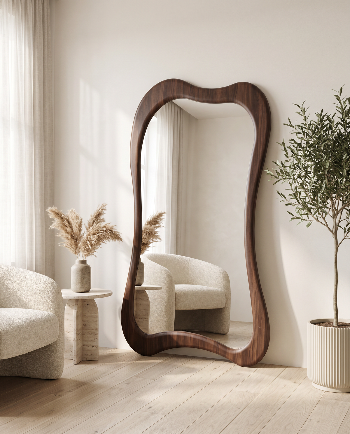 Kora Dark Wood Pattern Large Irregular Floor Mirror