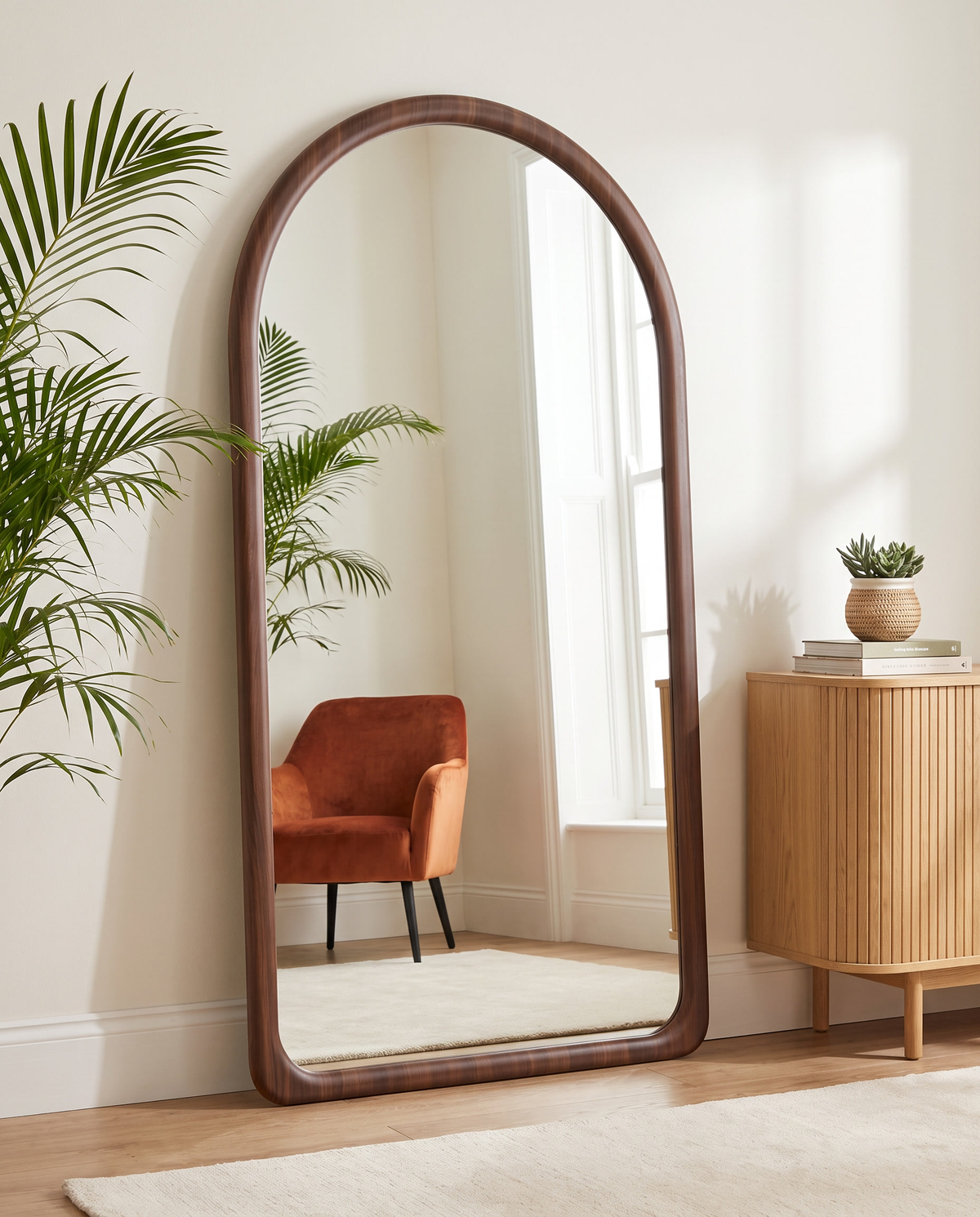Mira Walnut Wood Finish Arch Floor Mirror