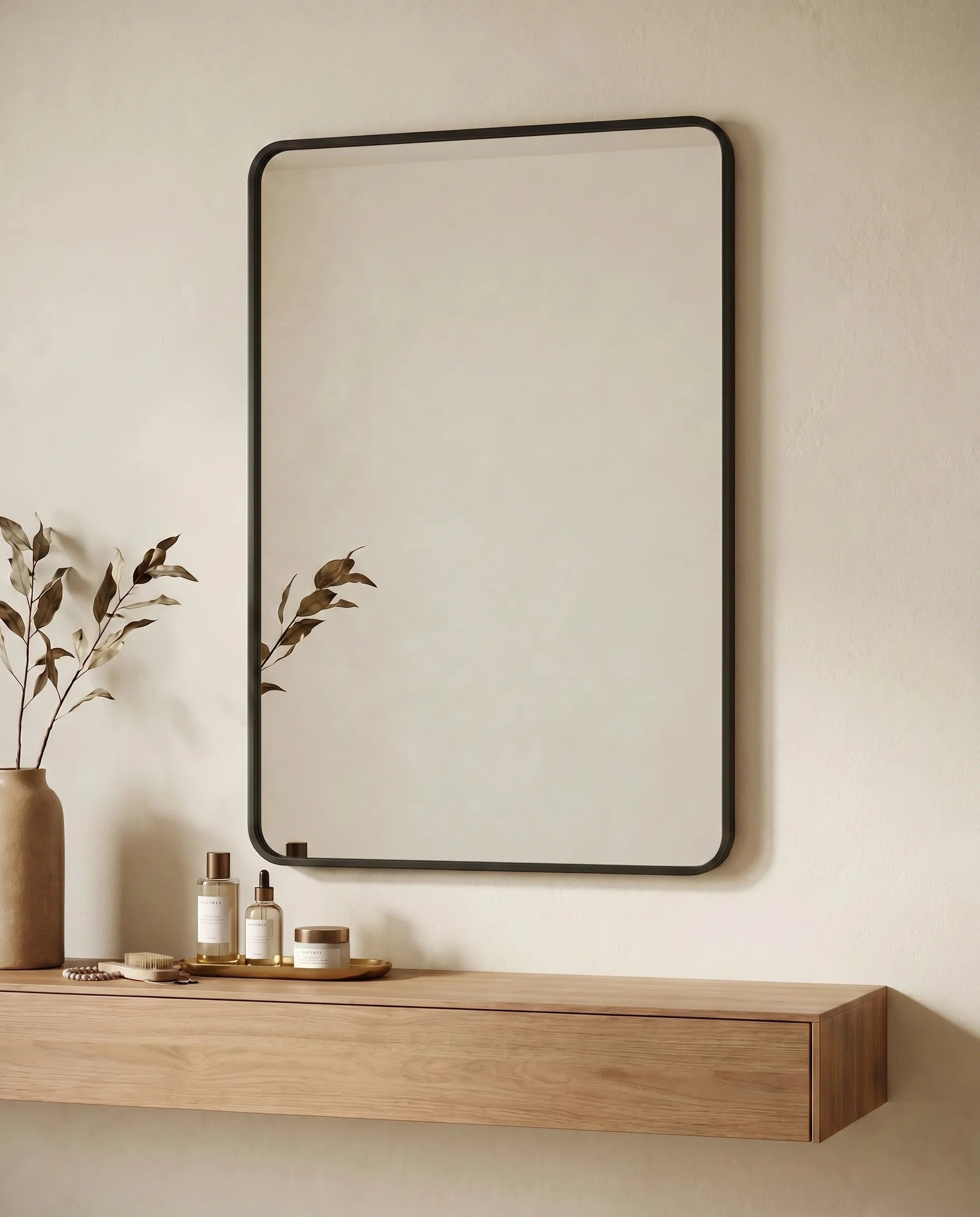 Marvin Black Rectangular Mirror with Rounded Corners