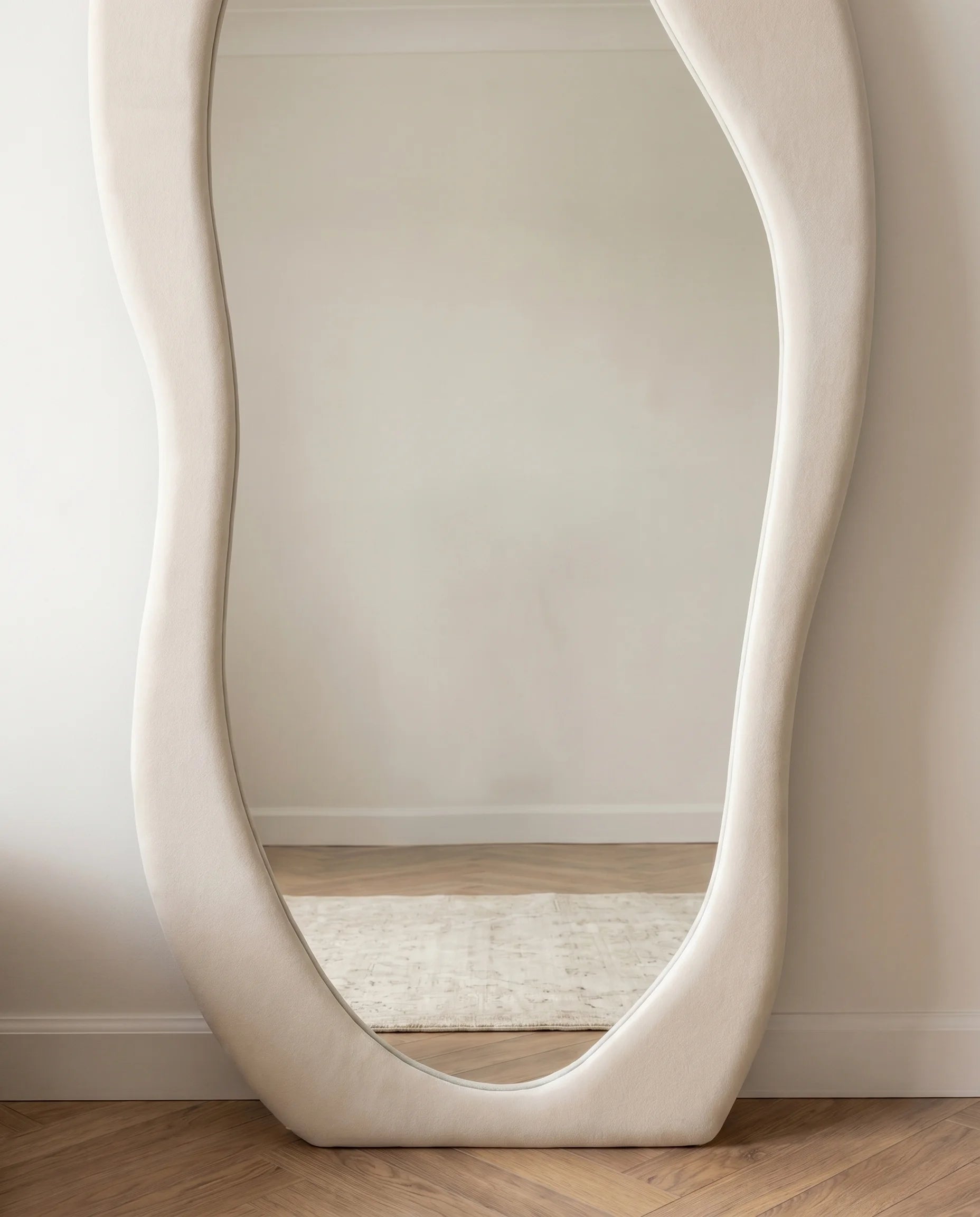 Mina cream funky wall mirror, close-up of the soft fabric frame