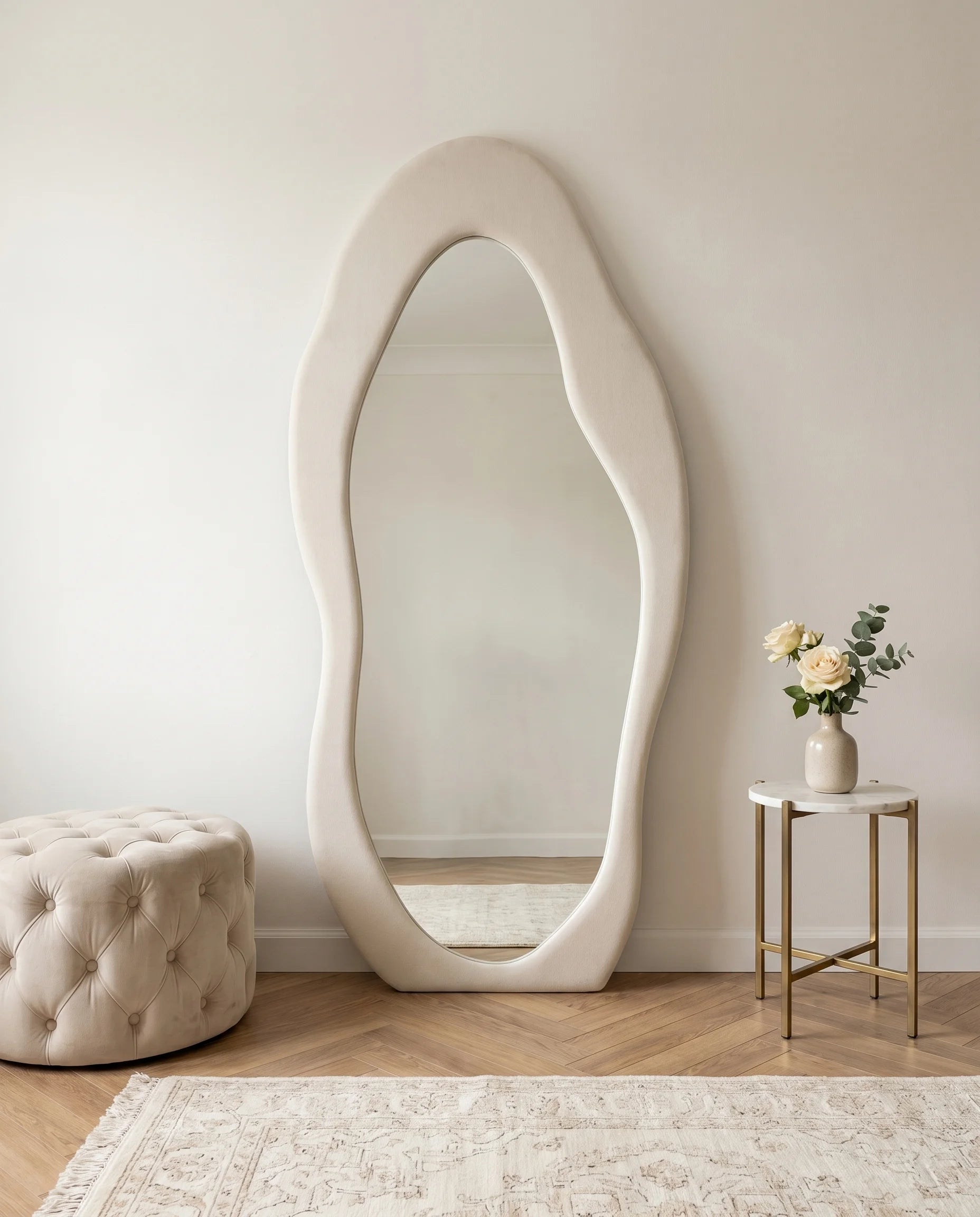 Mina cream funky wall mirror on a Dubai feature wall