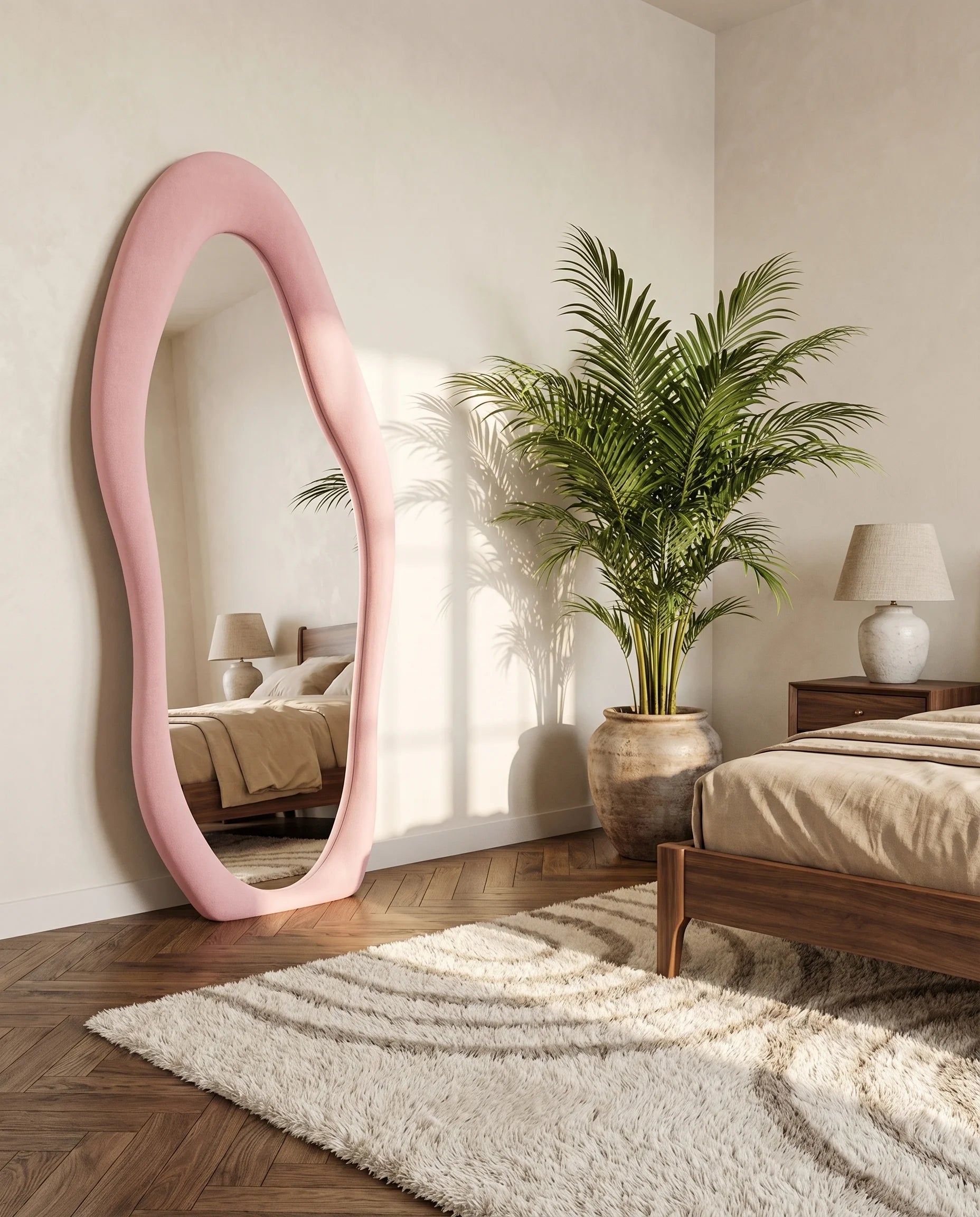 Mina pink funky wall mirror on a Dubai feature wall