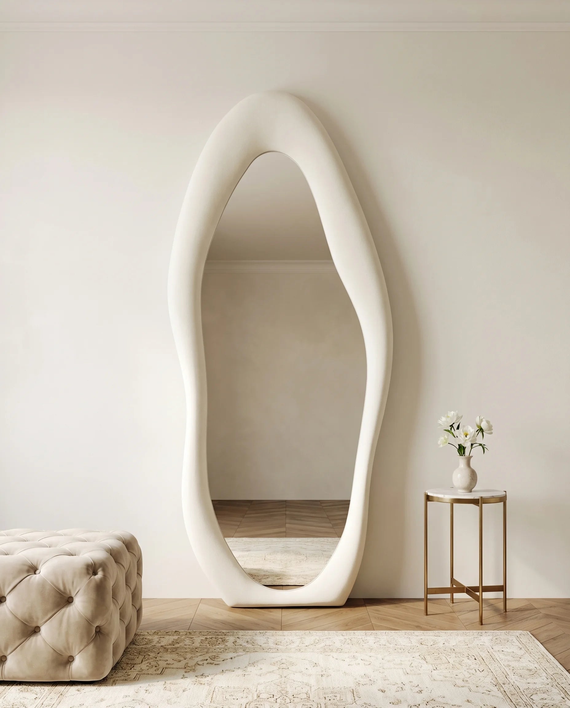 Mina white funky wall mirror on a Dubai feature wall