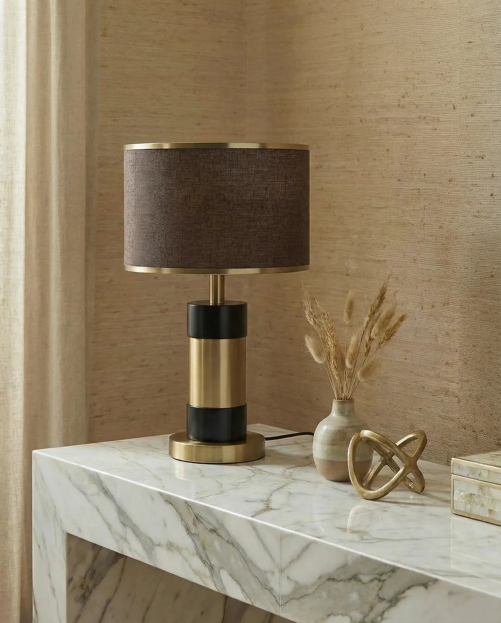 Modern Italian black and gold table lamp with fabric shade