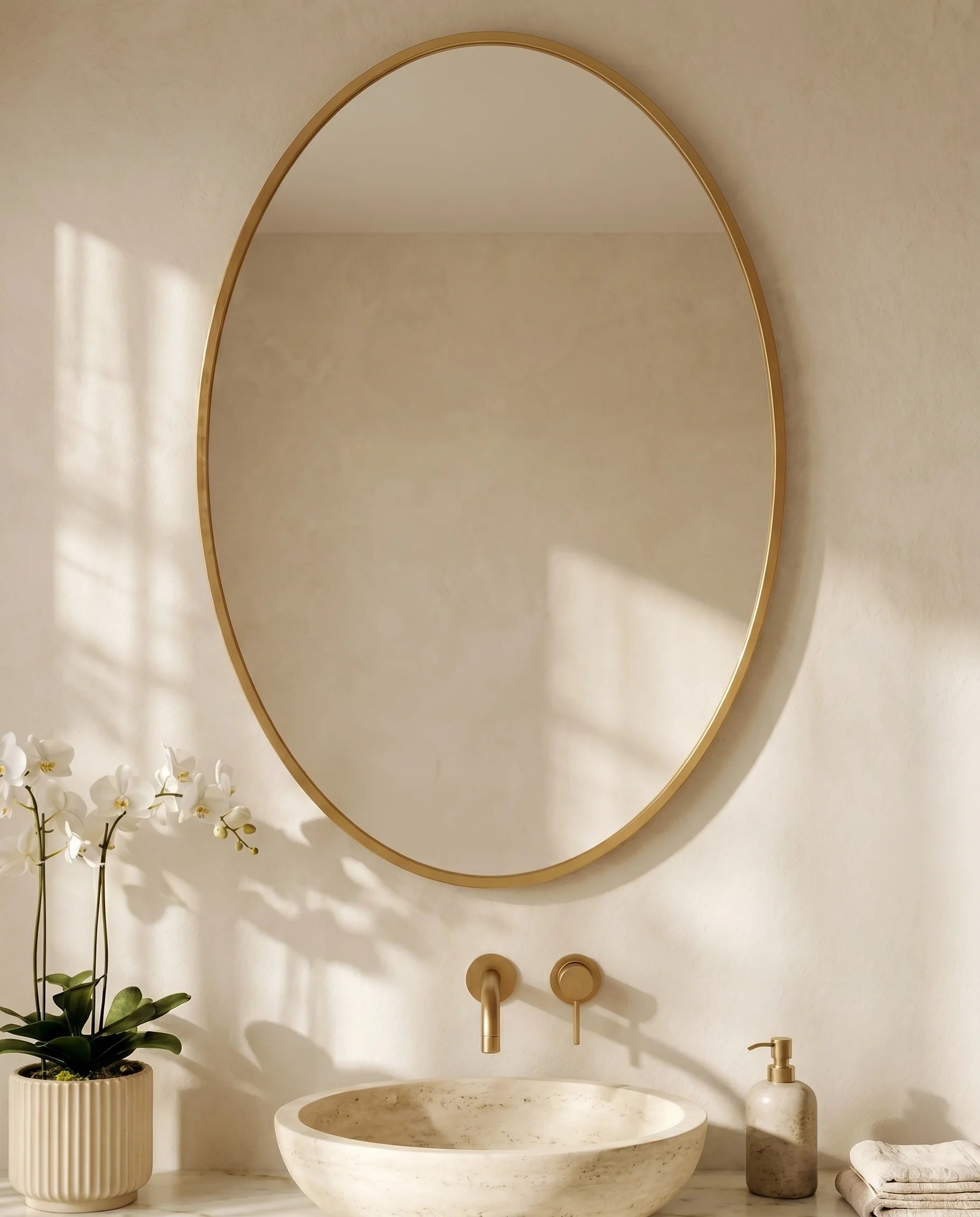 Modern gold oval bathroom mirror in a Dubai bathroom