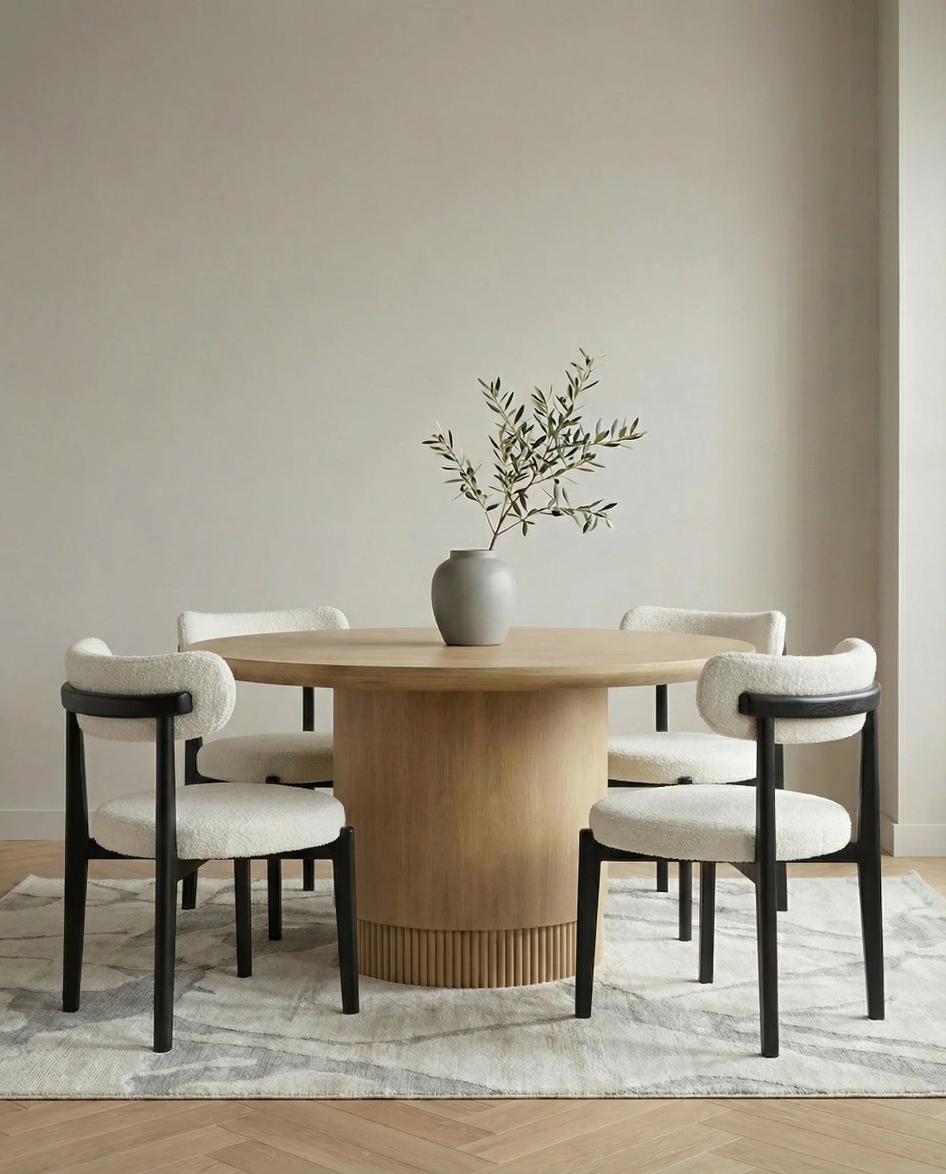Morina modern boucle and wooden dining chair in a Dubai dining room