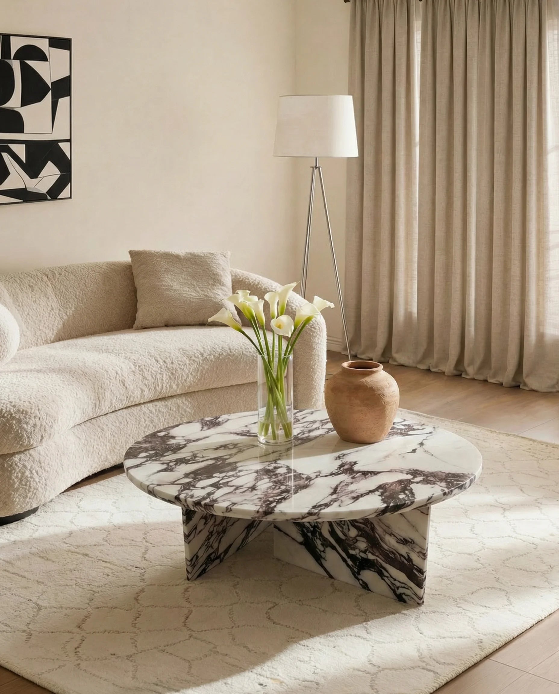 Ophelia Luxury Calacatta Marble Coffee Table with Geometric Base