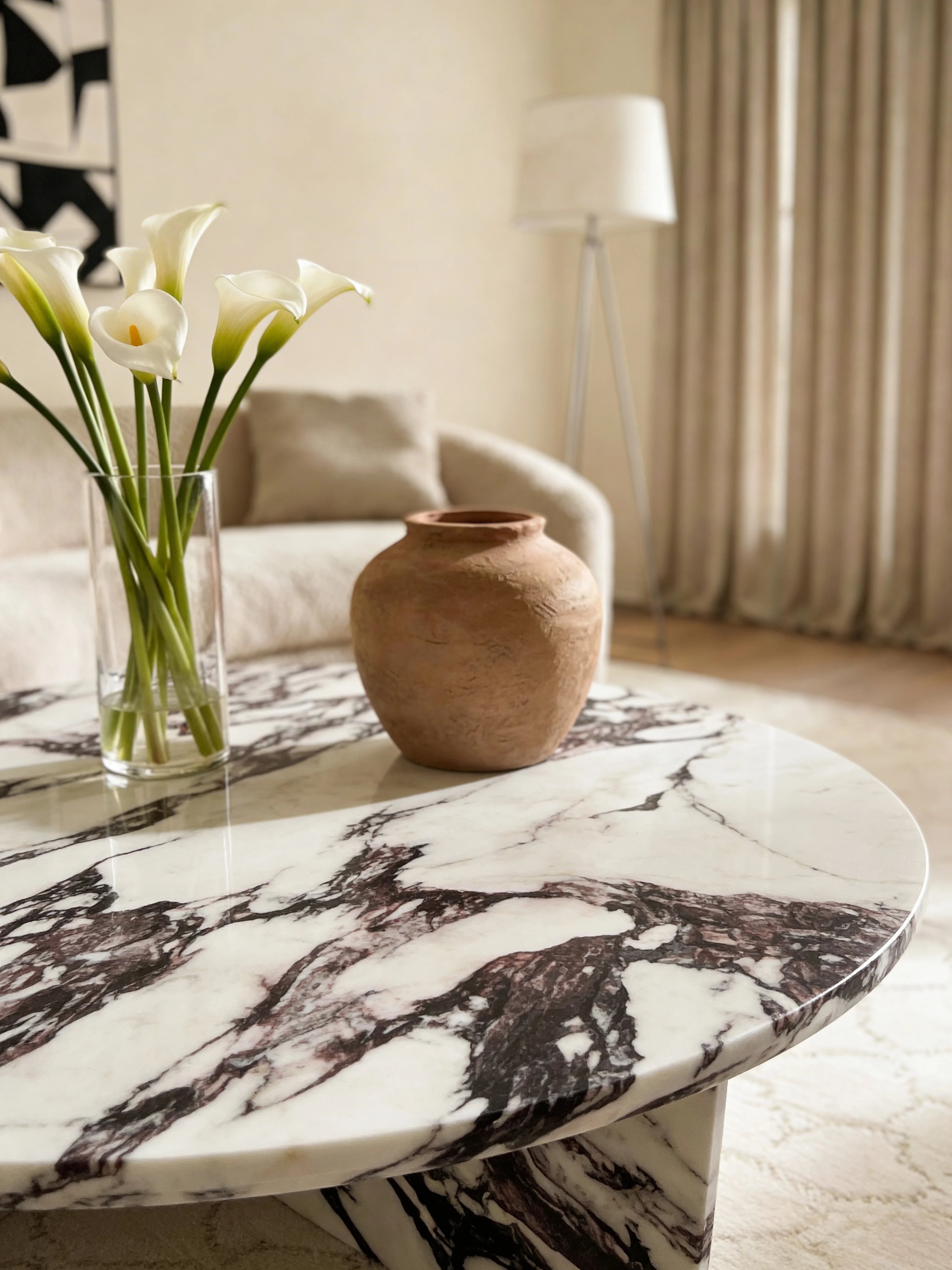 Ophelia Luxury Calacatta Marble Coffee Table with Geometric Base