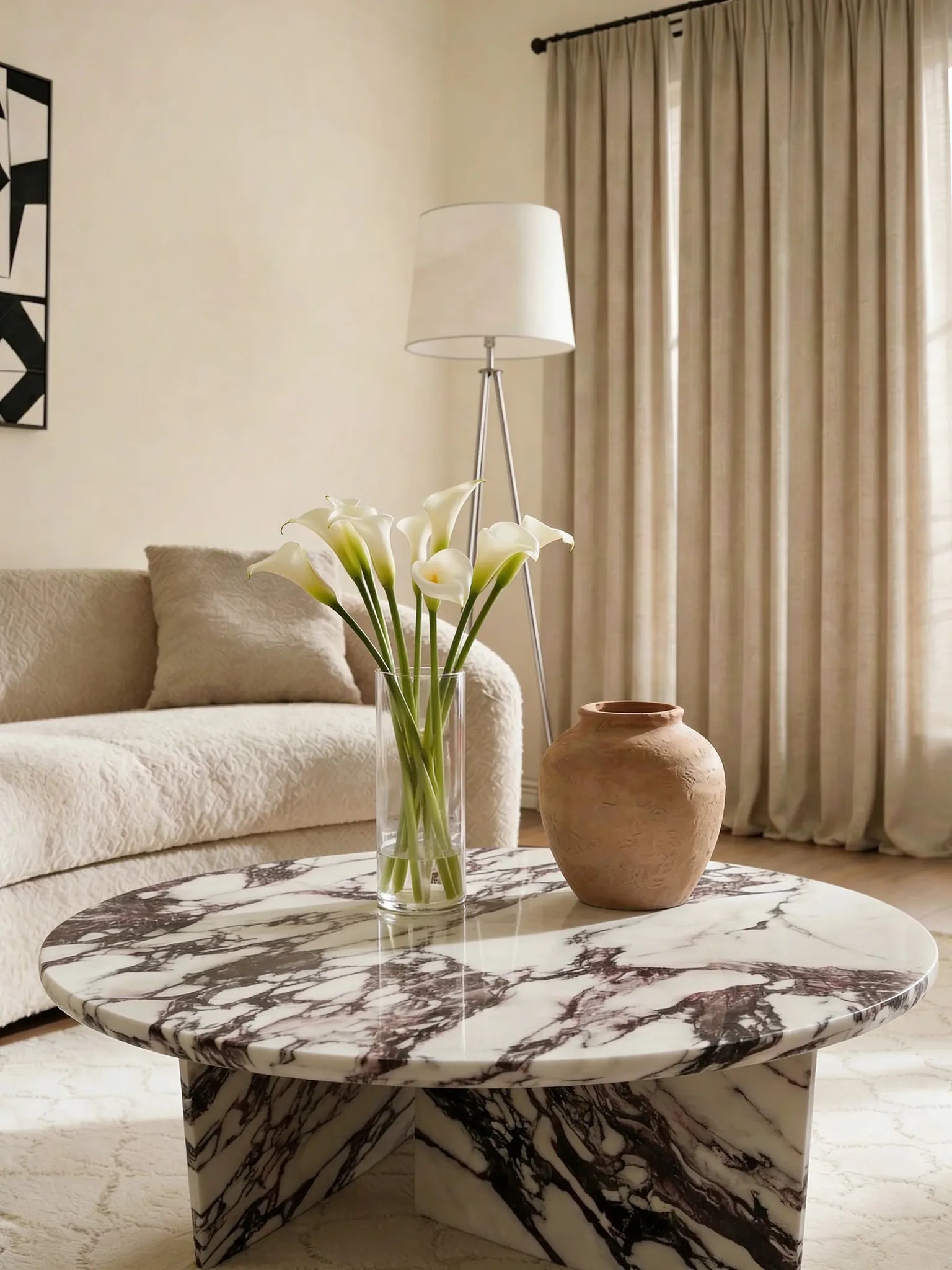 Ophelia Calacatta marble coffee table with geometric base