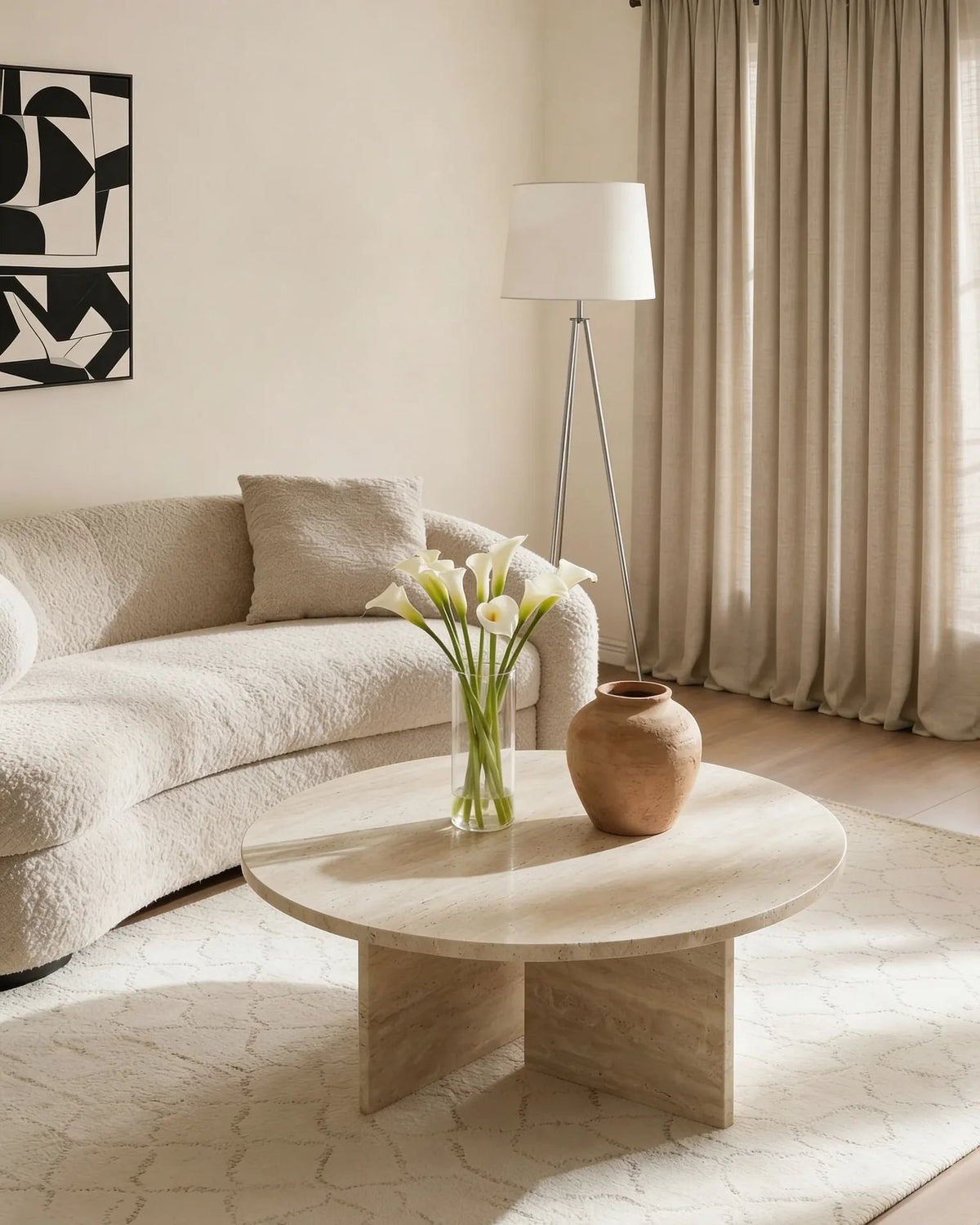 Ophelia natural travertine coffee table with geometric base